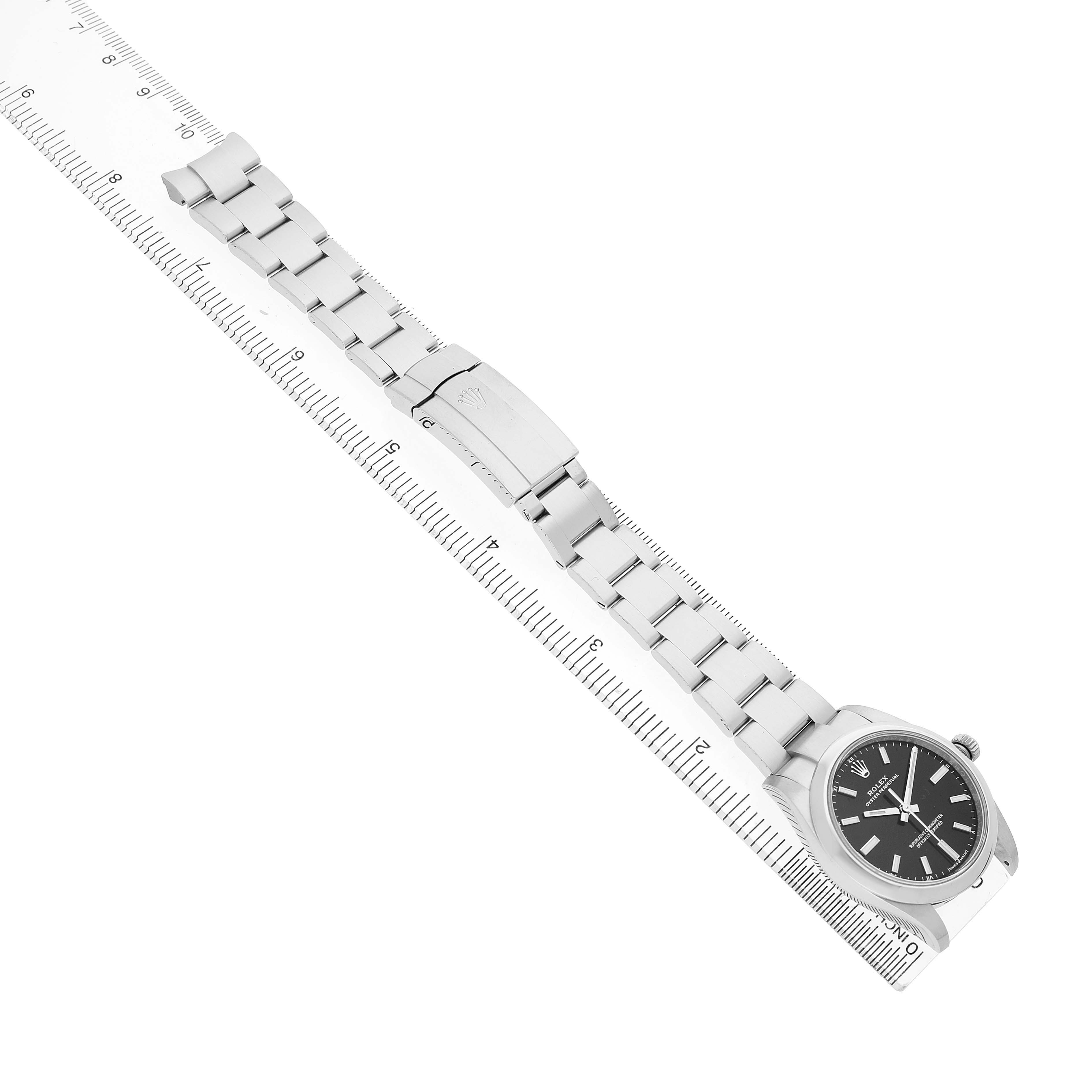 The image shows a side view of the Rolex Oyster Perpetual M124200-0002 Men's Stainless Steel Black Dial watch with its band fully extended.