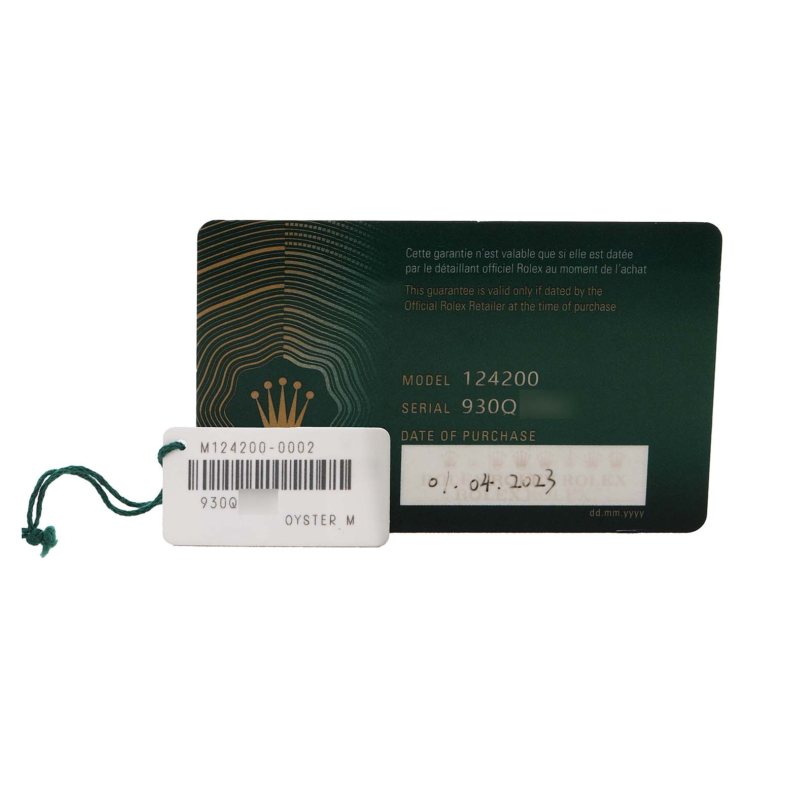 The image shows the warranty card of a Rolex Oyster Perpetual M124200-0002 Men's Stainless Steel Black Dial model, with model and serial numbers displayed.
