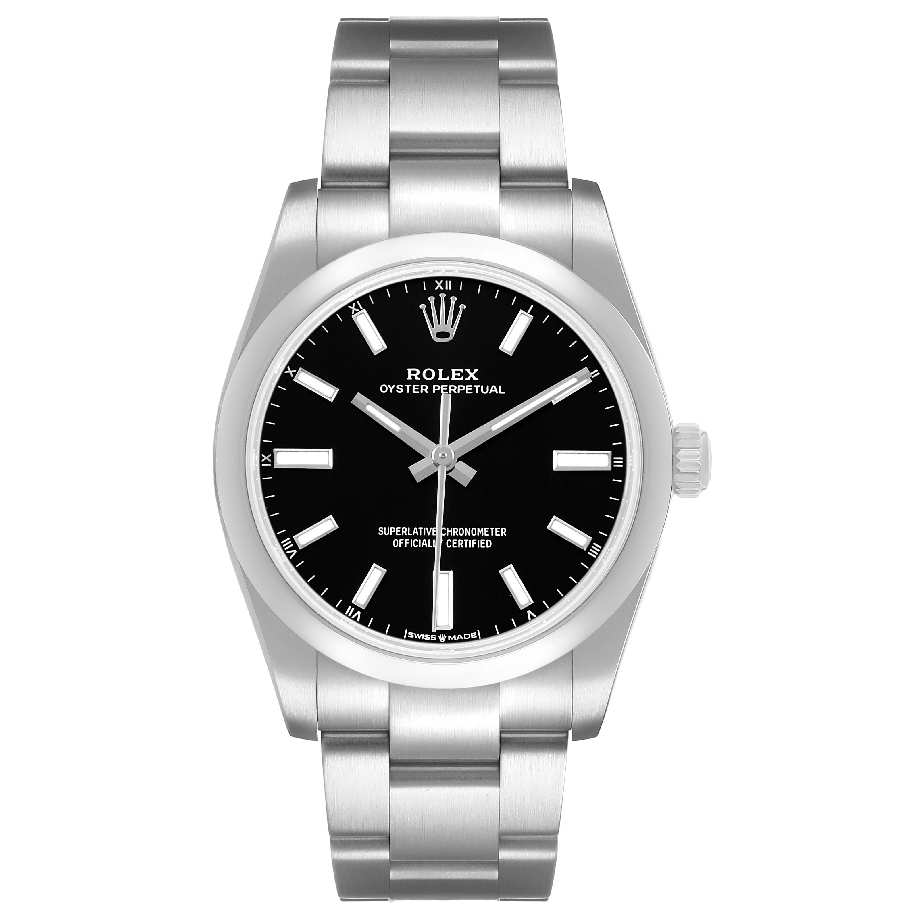 The Rolex Oyster Perpetual M124200-0002 Men's Stainless Steel Black Dial watch is shown from a front view, highlighting its dial, bezel, and bracelet.