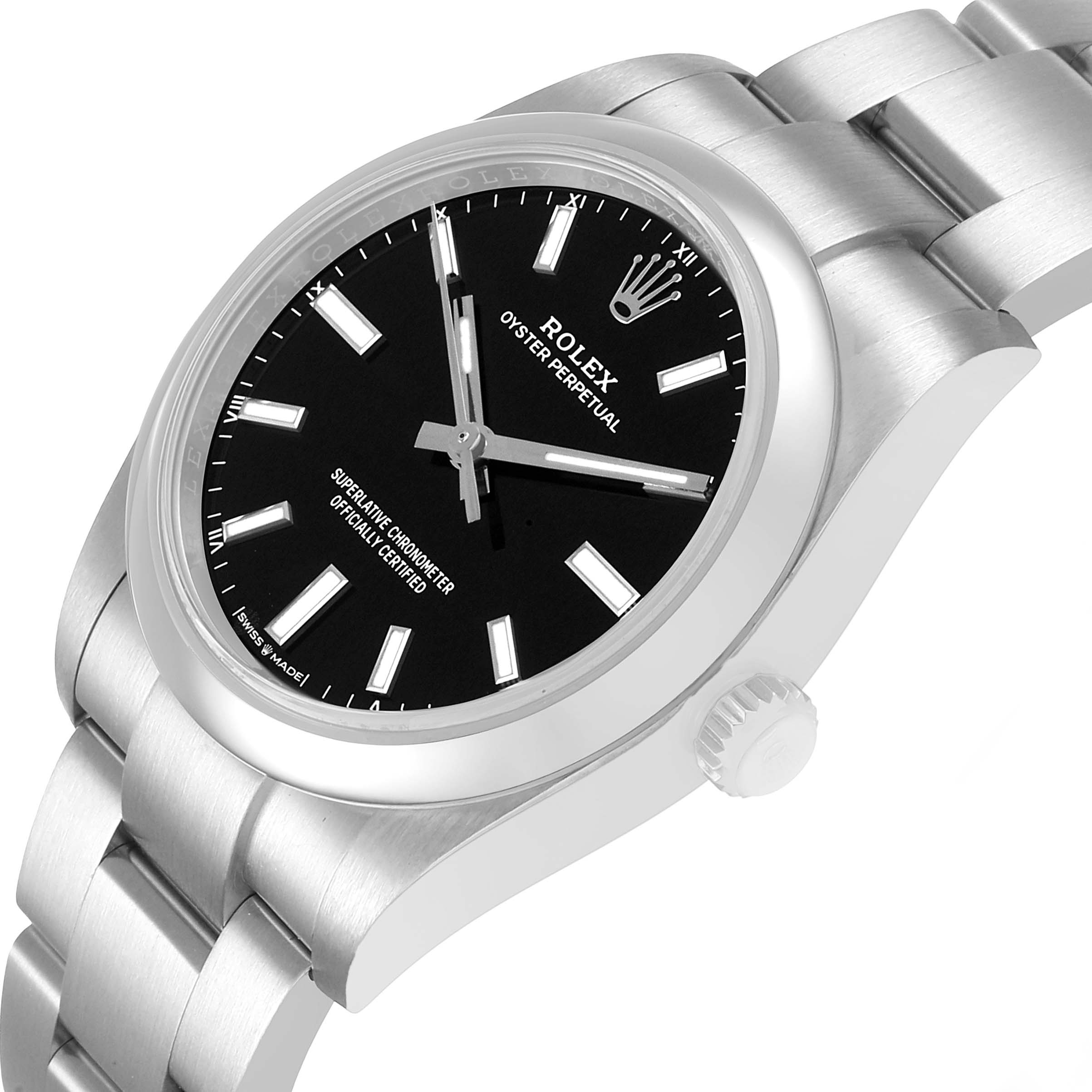 The image shows a Rolex Oyster Perpetual M124200-0002 Men's Stainless Steel Black Dial watch at a slight angle, highlighting the dial, bezel, crown, and bracelet.