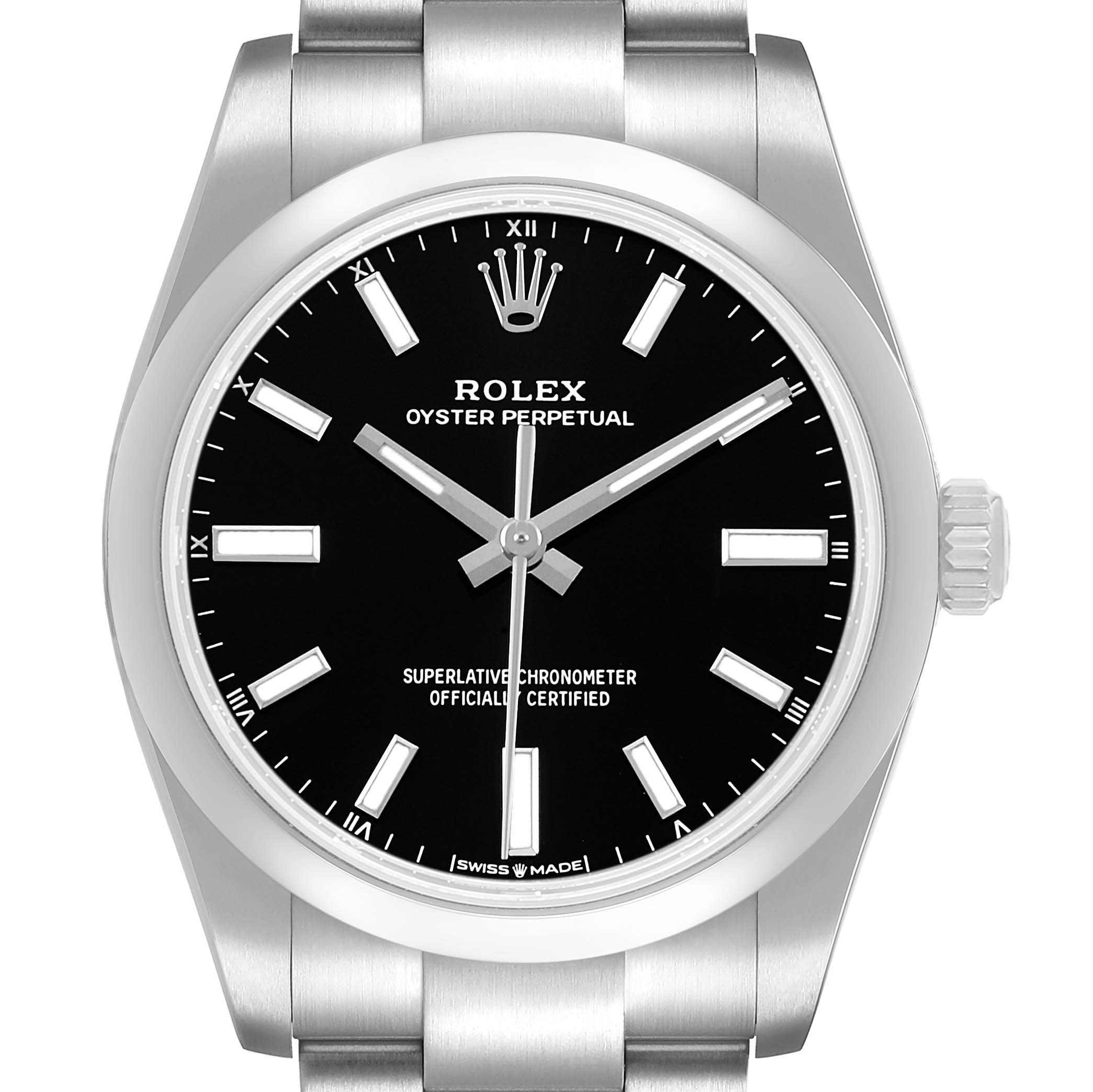 The Rolex Oyster Perpetual M124200-0002 Men's Stainless Steel Black Dial watch is shown from a front angle, highlighting the dial, hands, markers, bezel, and part of the bracelet.