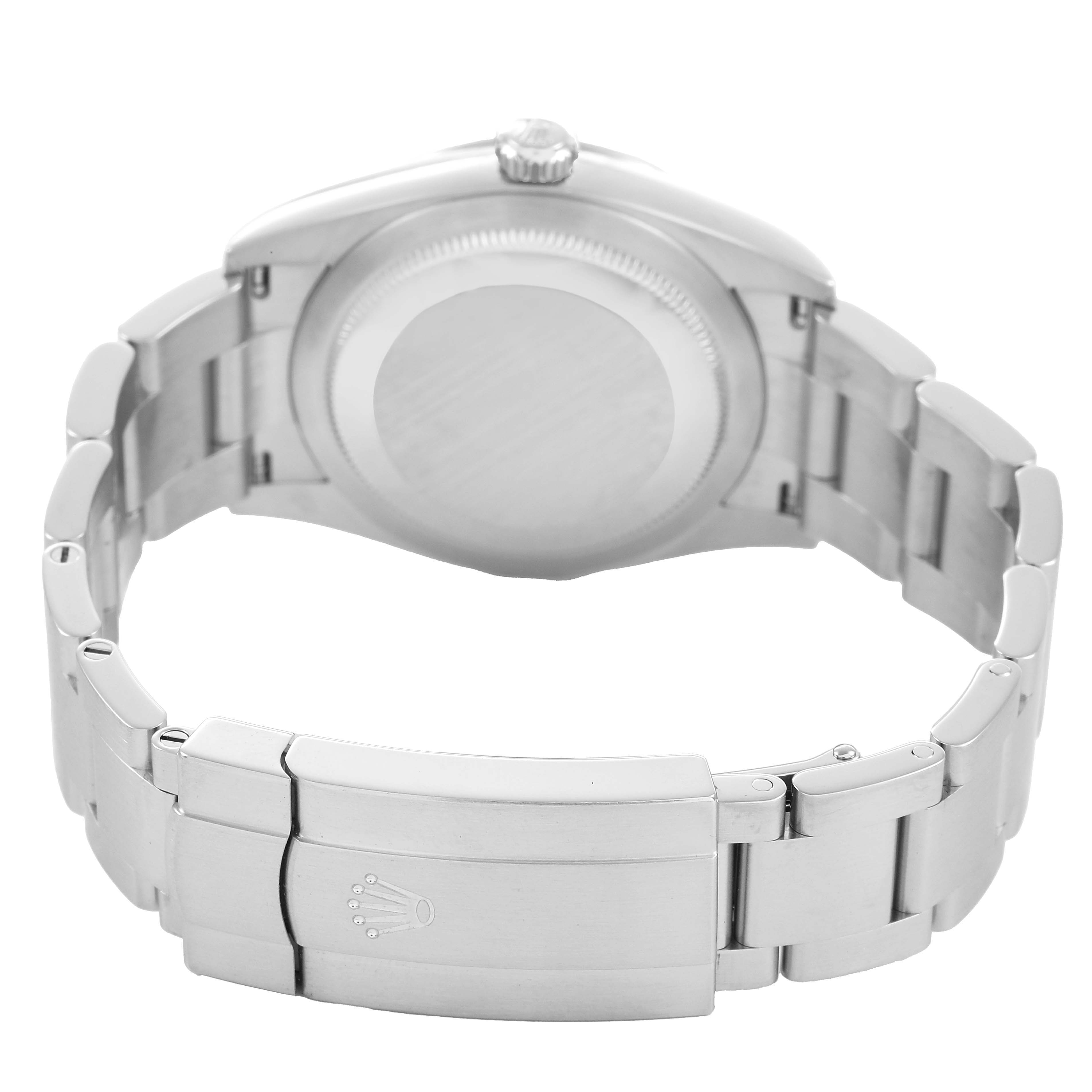 The image shows the Rolex Oyster Perpetual M124200-0002 Men's Stainless Steel Black Dial from a rear angle, highlighting the case back and bracelet with its clasp.