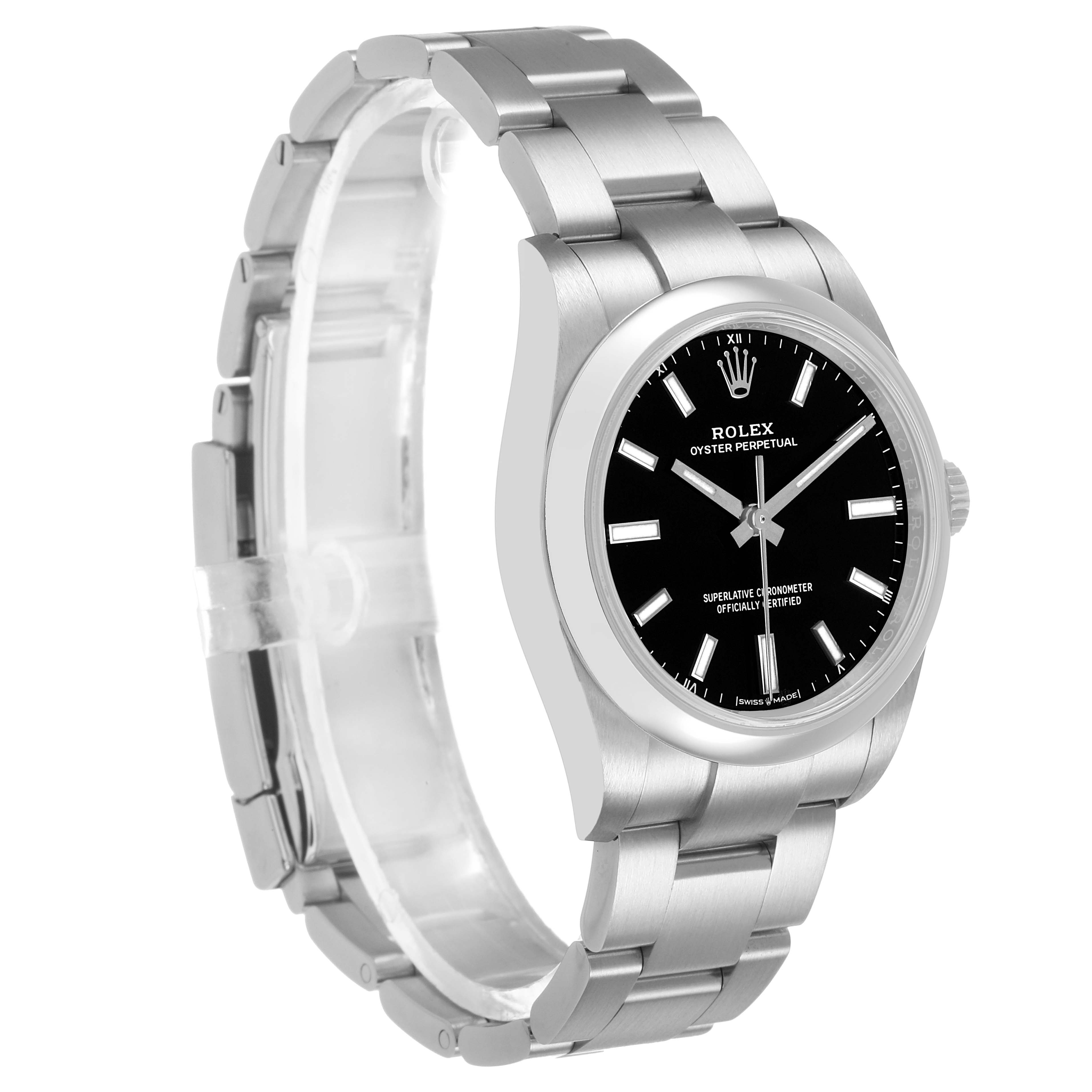 The Rolex Oyster Perpetual M124200-0002 Men's Stainless Steel Black Dial watch is shown at a side angle, highlighting the black dial, bezel, crown, and stainless steel bracelet.