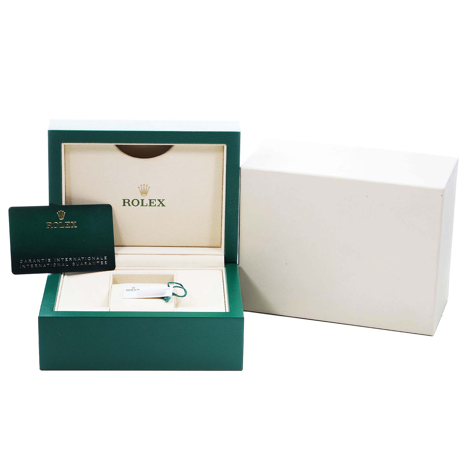 The image displays the packaging and accessories of a Rolex Oyster Perpetual M124200-0002 Men's Stainless Steel Black Dial, including the box, warranty card, and tags.
