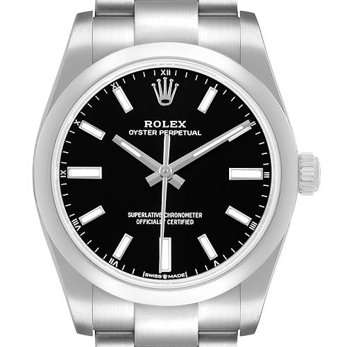 The image shows a front view of the Rolex Oyster Perpetual M124200-0002 Men's Stainless Steel Black Dial watch, highlighting its black dial, luminescent markers, and stainless steel bracelet.