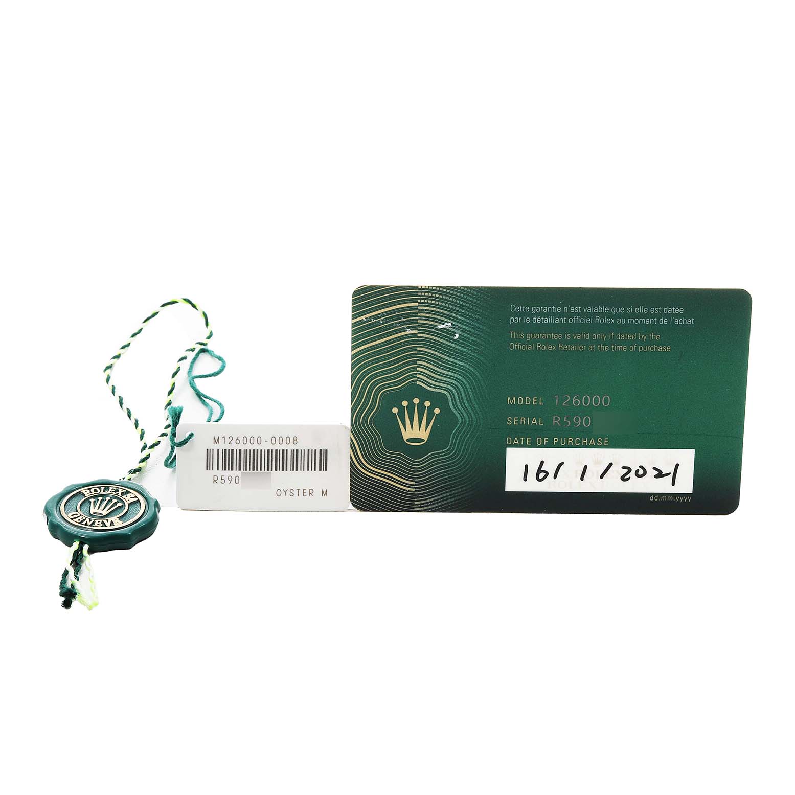 The image shows a Rolex Oyster Perpetual 126000 Men's Stainless Steel Pink Dial model card, tag, and seal with purchase details.