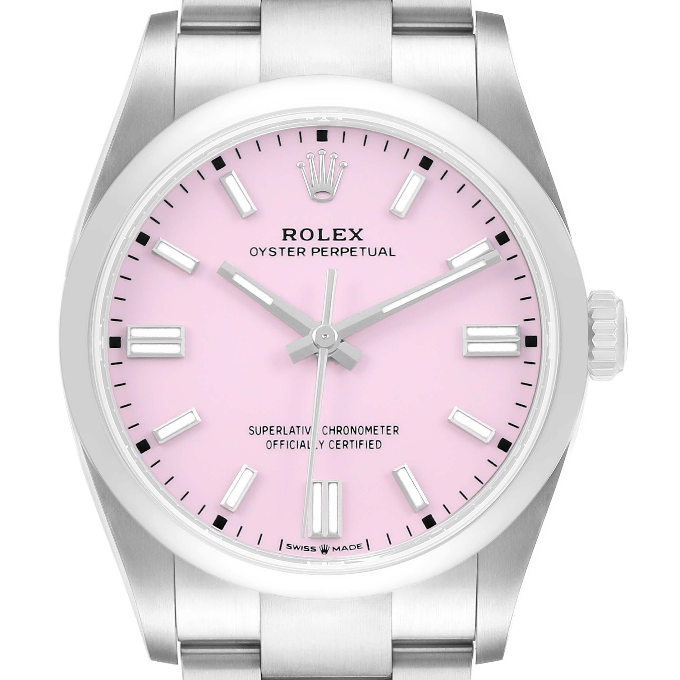 The Rolex Oyster Perpetual 126000 Men's Stainless Steel Pink Dial watch is shown from a front angle, highlighting the pink dial, hands, hour markers, and part of the bracelet.