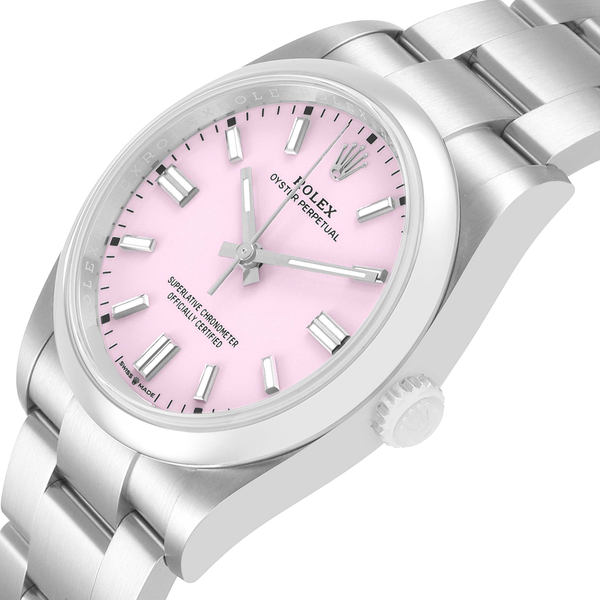 The Rolex Oyster Perpetual 126000 Men's Stainless Steel Pink Dial watch is shown at a slight angle, highlighting the pink dial, crown, and metal bracelet.