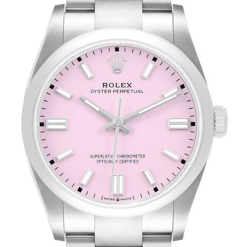 The Rolex Oyster Perpetual 126000 Men's Stainless Steel Pink Dial watch is shown from the front, displaying its pink dial, hour markers, hands, and crown.