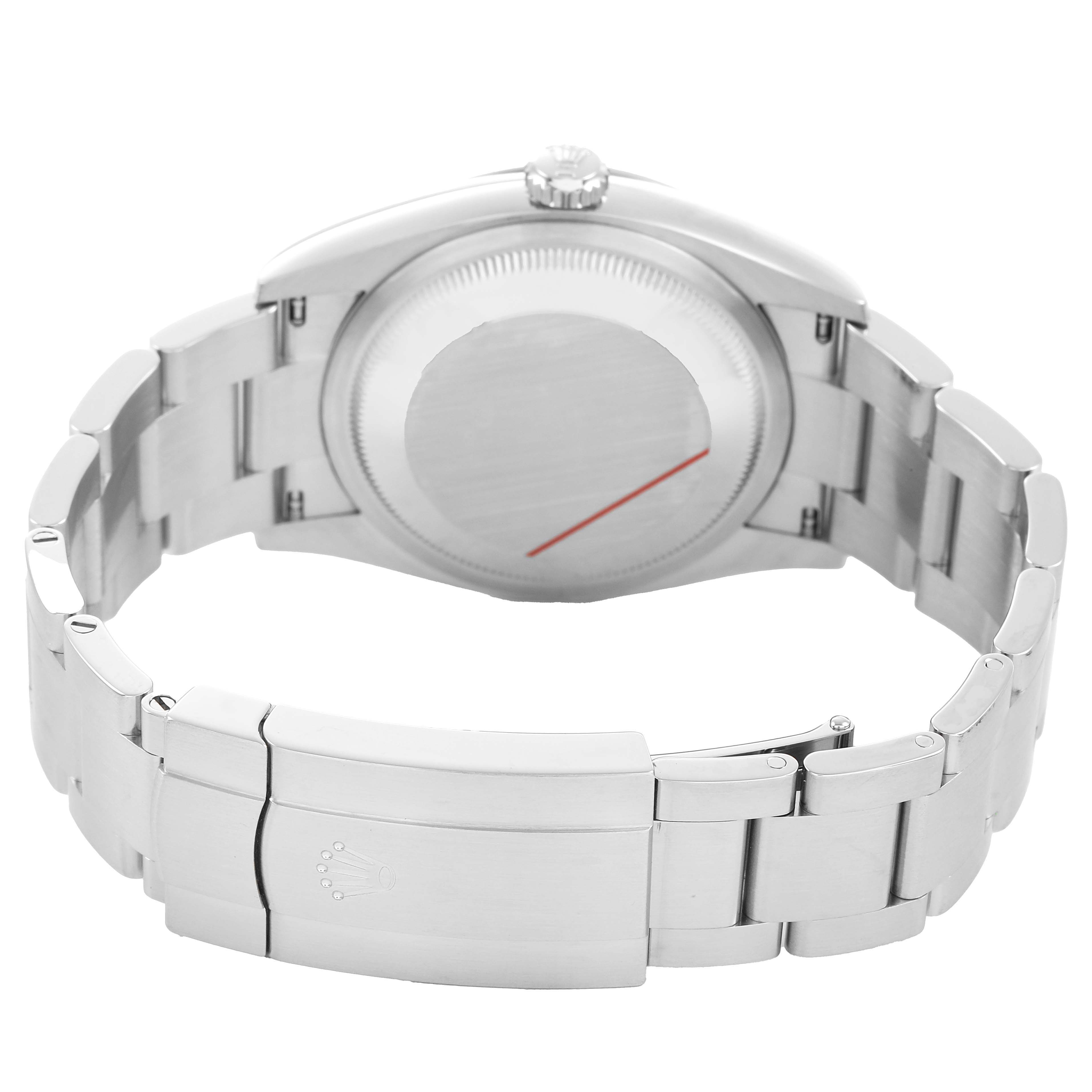 The image shows the back and bracelet of a Rolex Oyster Perpetual 126000 Men's Stainless Steel Pink Dial watch viewed from a slight rear angle.