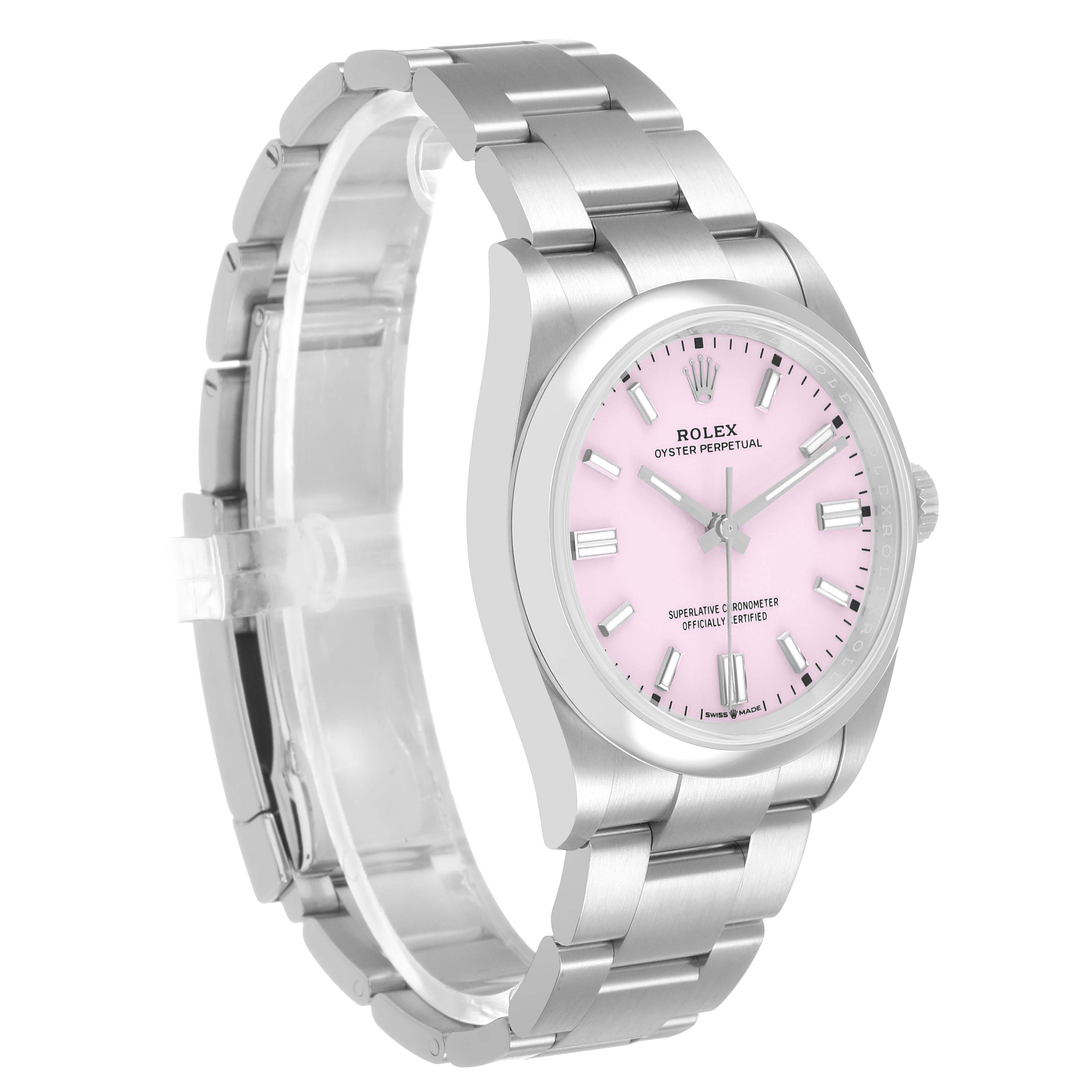The Rolex Oyster Perpetual 126000 Men's Stainless Steel Pink Dial watch is shown at a slight angle, displaying the watch face, case, and bracelet.
