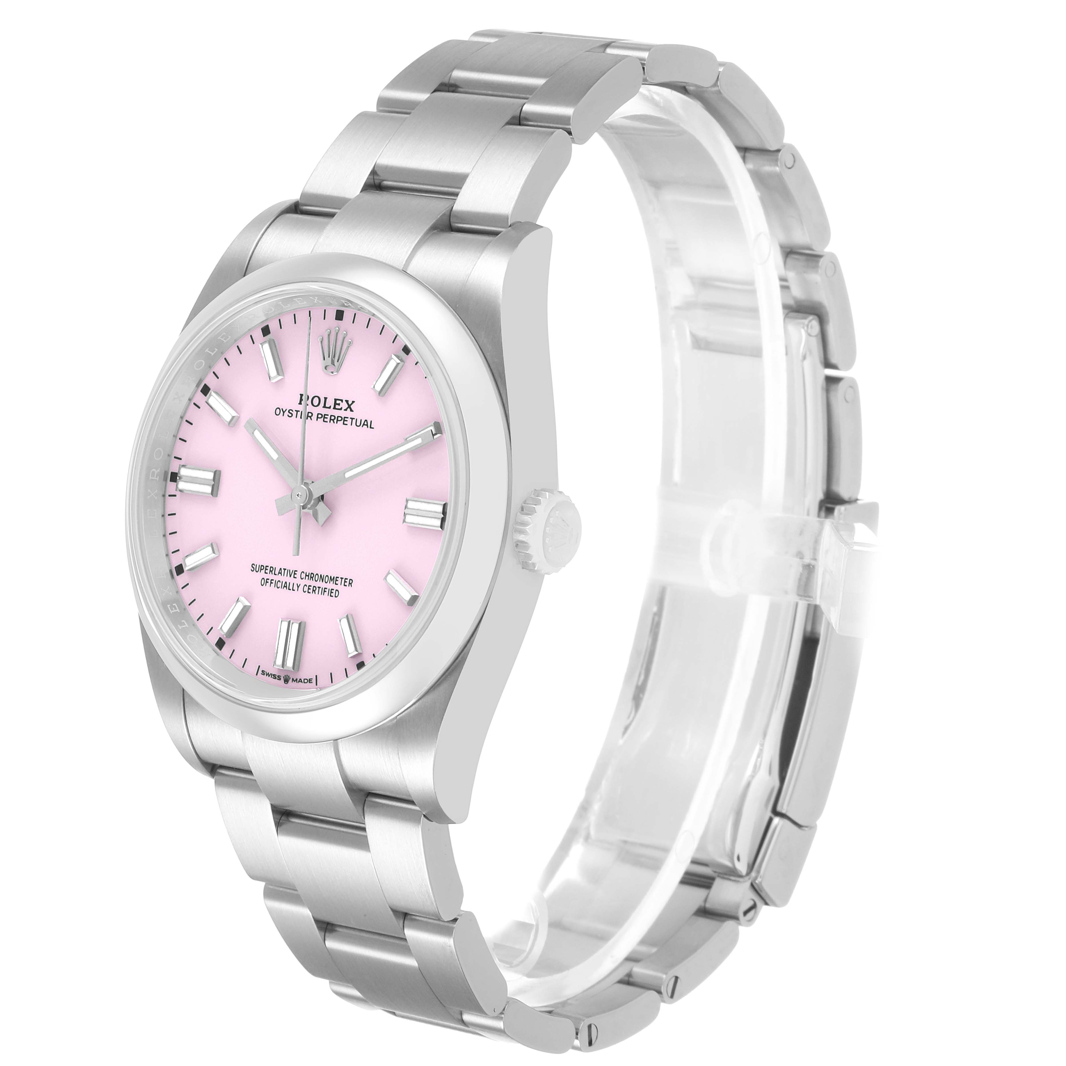 The Rolex Oyster Perpetual 126000 Men's Stainless Steel Pink Dial watch is shown at a slight side angle, displaying its pink dial, bracelet, and crown.