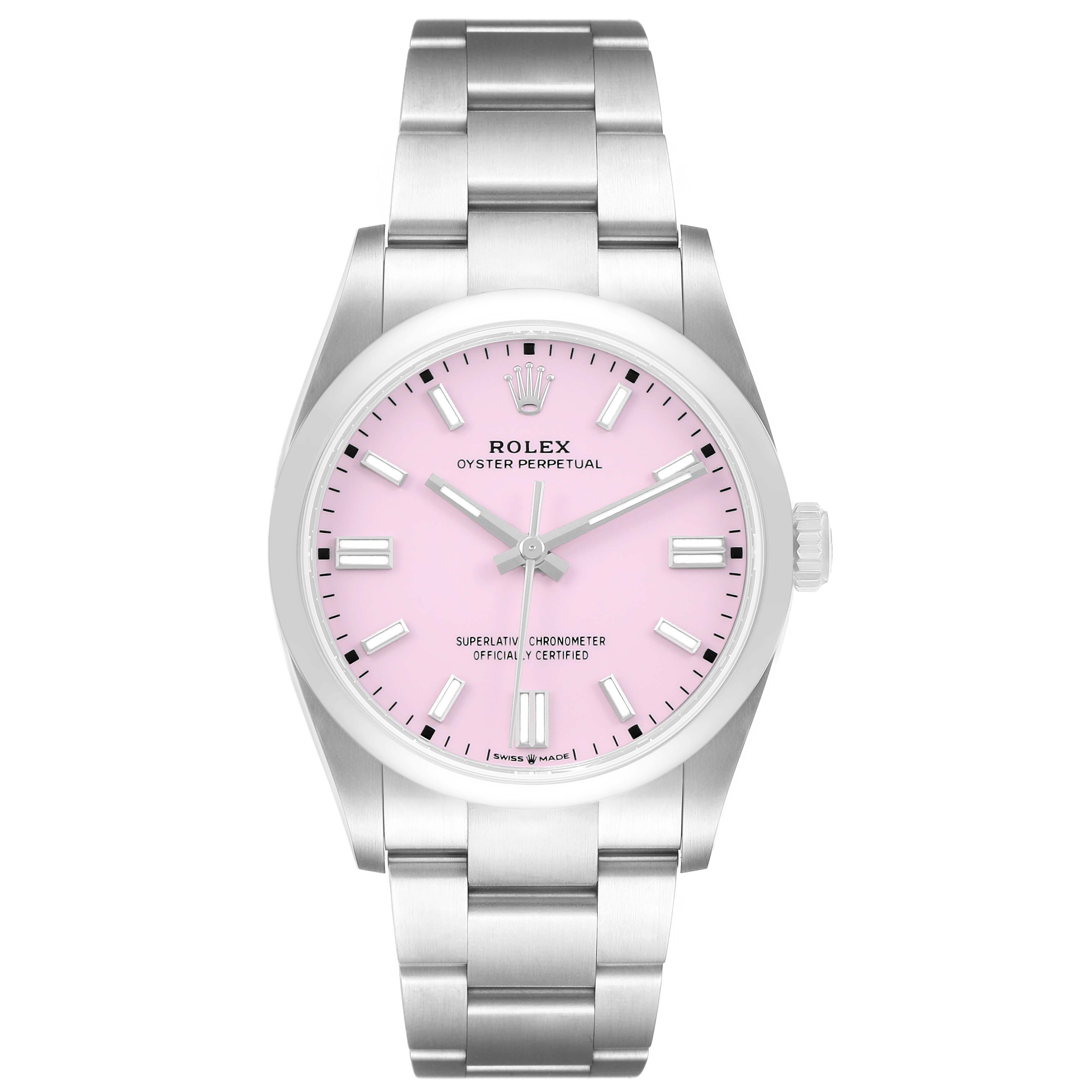The Rolex Oyster Perpetual 126000 Men's Stainless Steel Pink Dial watch is shown from a top-down angle, highlighting the pink dial, bezel, and bracelet.