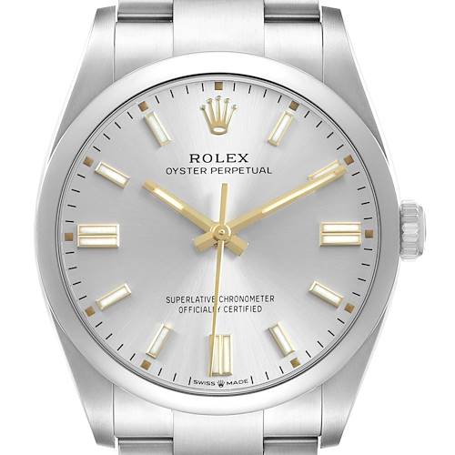 The Rolex Oyster Perpetual 126000 Men's Stainless Steel Silver Dial watch is shown from a front angle, displaying the dial, case, crown, and part of the bracelet.