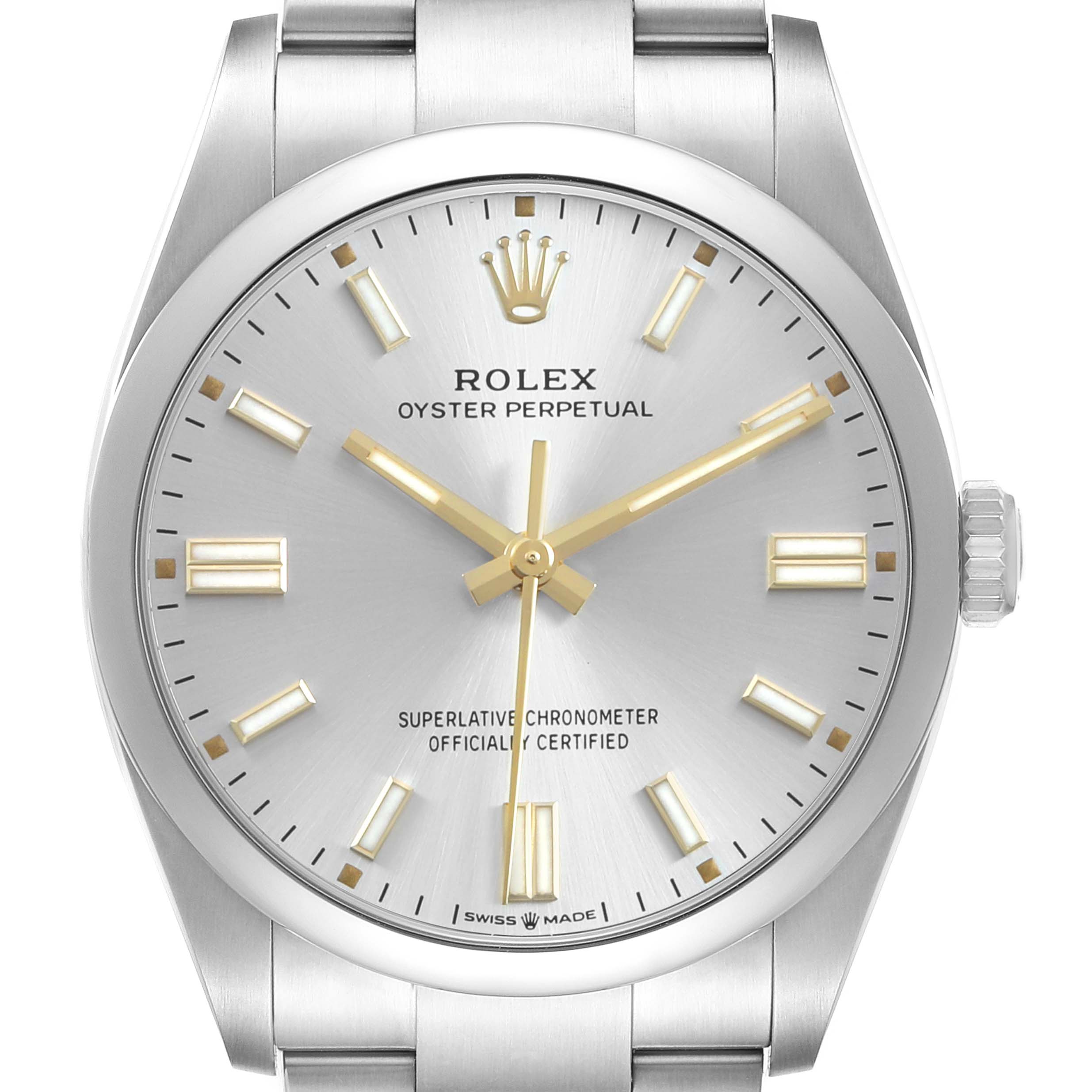 The Rolex Oyster Perpetual 126000 Men's Stainless Steel Silver Dial watch is shown from the front, highlighting the dial, hands, and part of the bracelet.
