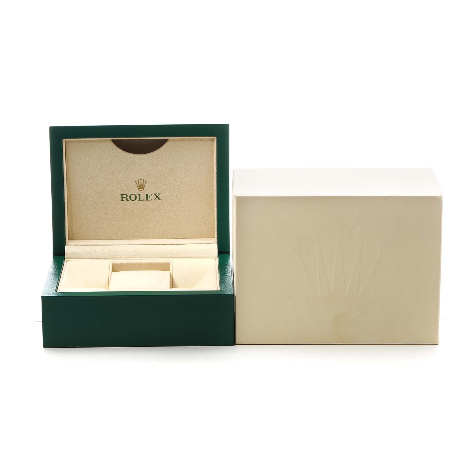 The image shows the open green box and outer packaging for a Rolex Oyster Perpetual 126000 Men's Stainless Steel Silver Dial, highlighting the watch's storage case.