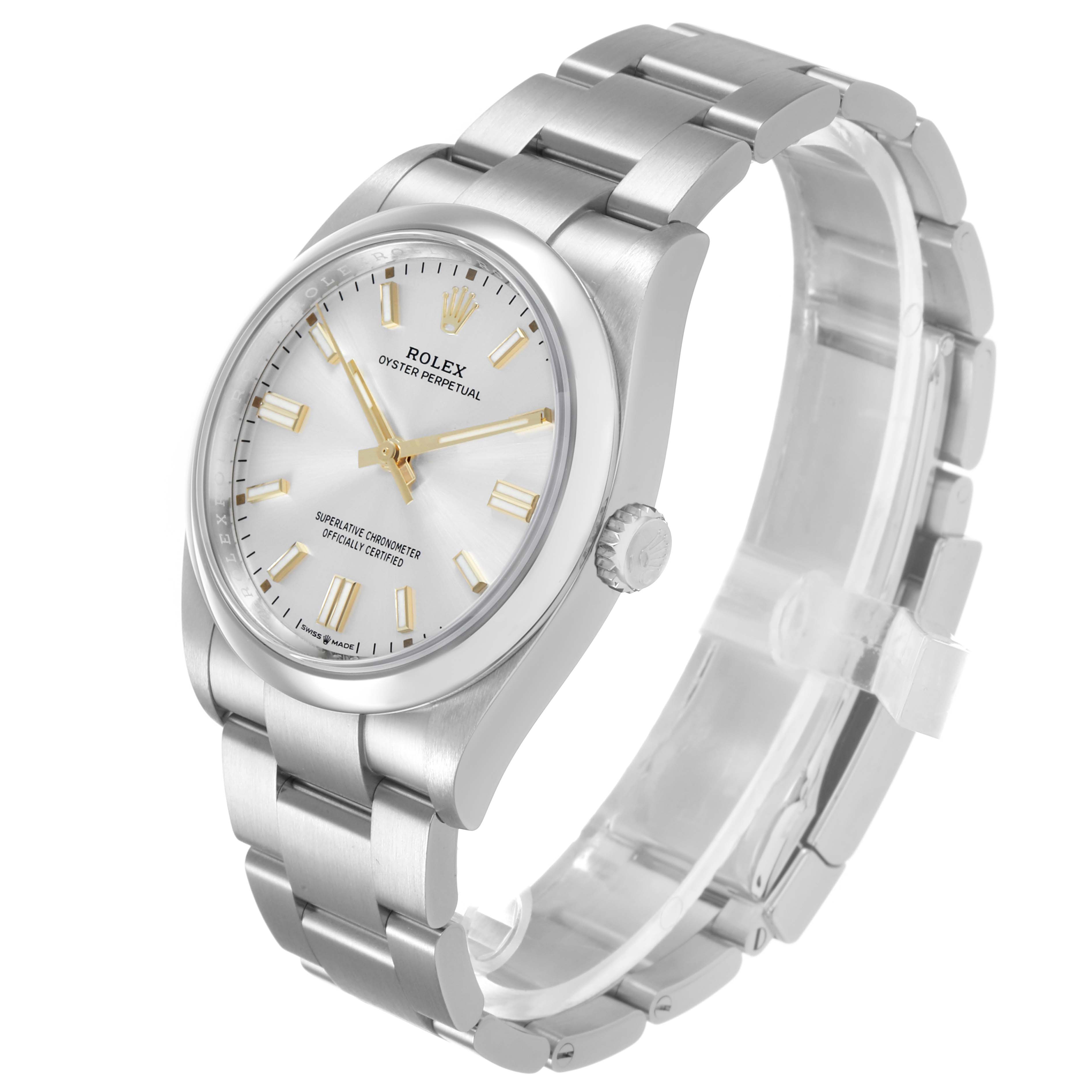 The Rolex Oyster Perpetual 126000 Men's Stainless Steel Silver Dial watch is shown at a three-quarter angle, displaying the face, bezel, crown, and bracelet.
