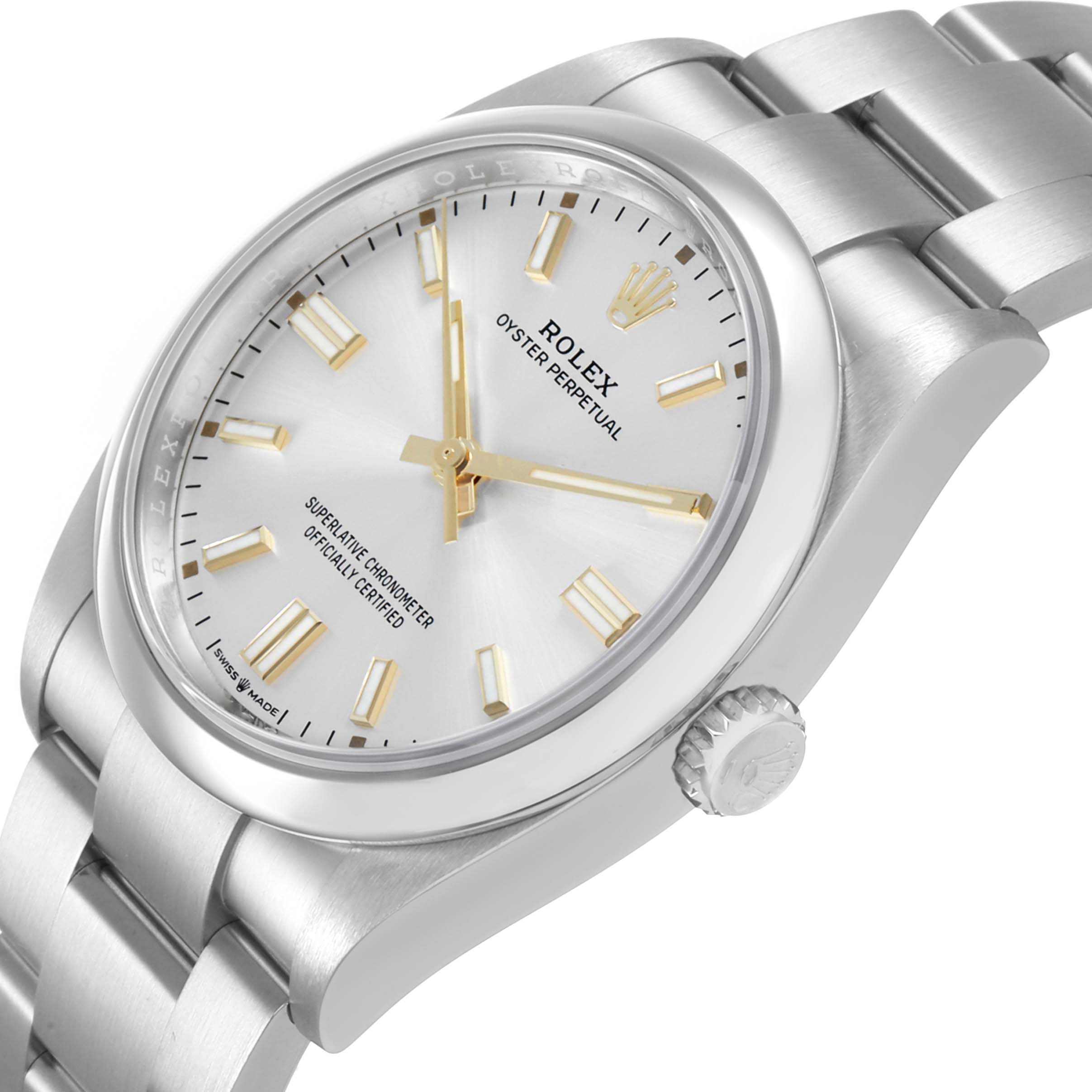 The image shows a side and face view of the Rolex Oyster Perpetual 126000 Men's Stainless Steel Silver Dial watch, highlighting the dial, bracelet, and crown.