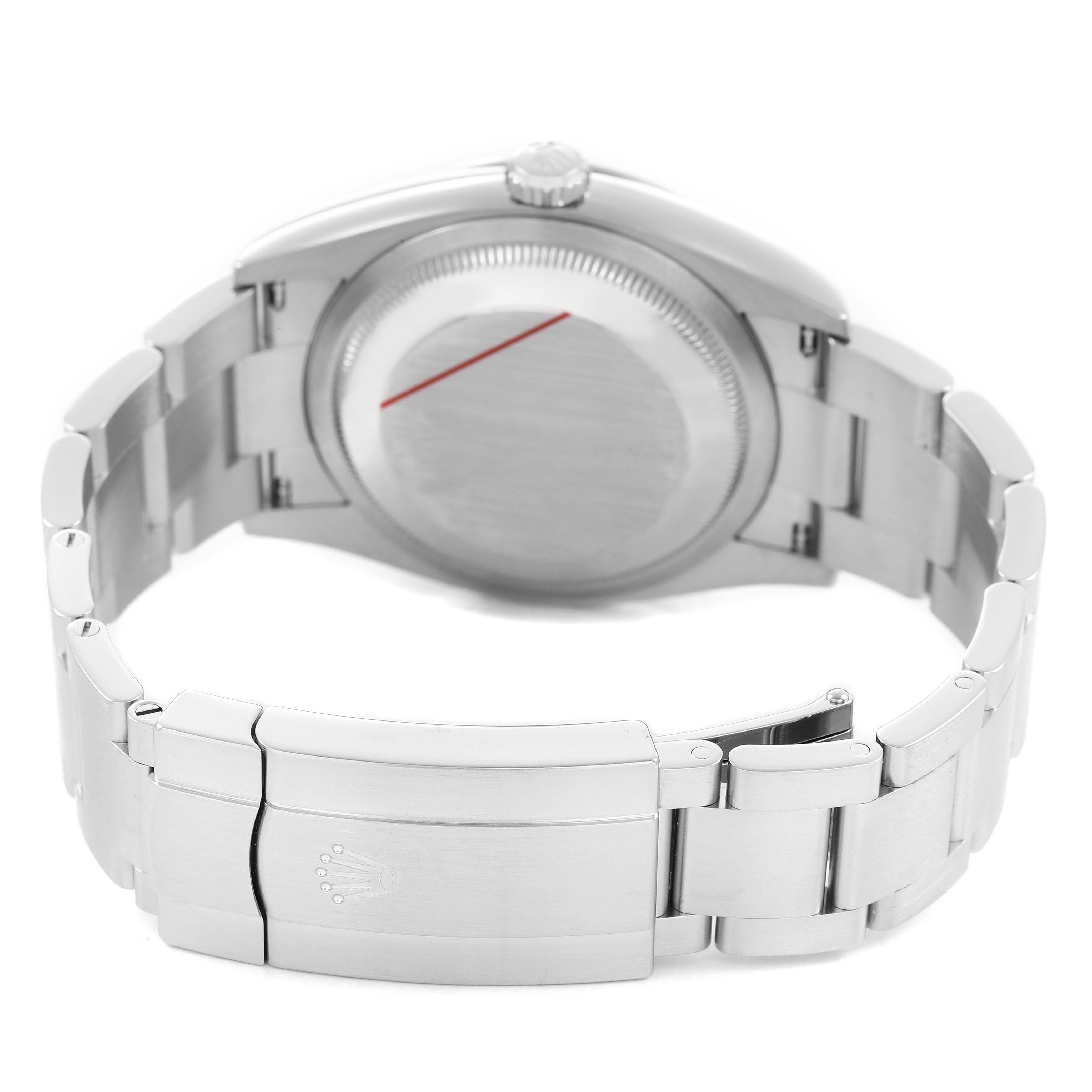 The image shows the back of the Rolex Oyster Perpetual 126000 Men's Stainless Steel Silver Dial watch, highlighting the case back and clasp from a rear angle.