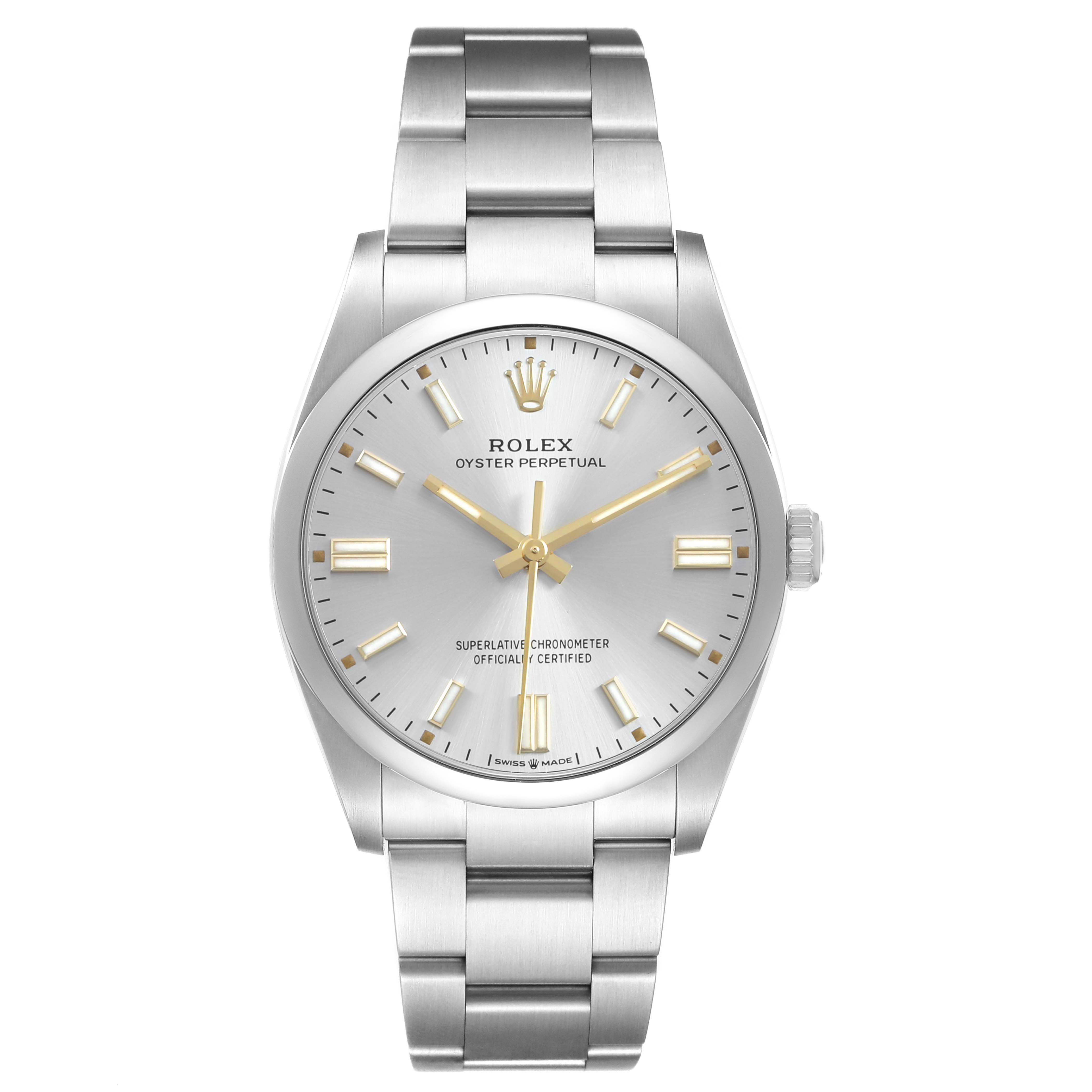 The Rolex Oyster Perpetual 126000 Men's Stainless Steel Silver Dial watch is shown from the front, displaying the face, bezel, and bracelet.
