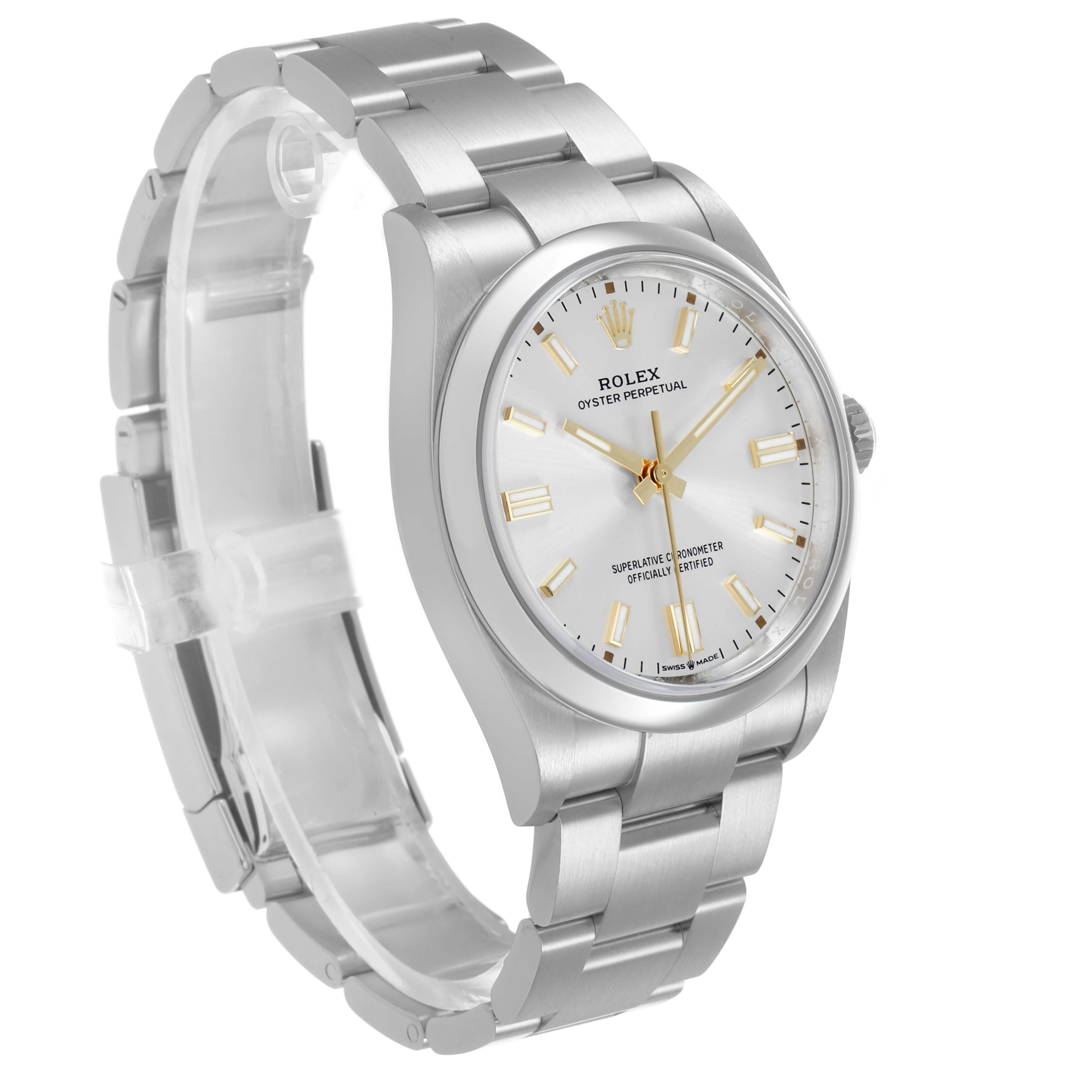 The Rolex Oyster Perpetual 126000 Men's Stainless Steel Silver Dial watch is shown from a three-quarter angle, displaying its dial, bezel, and bracelet.