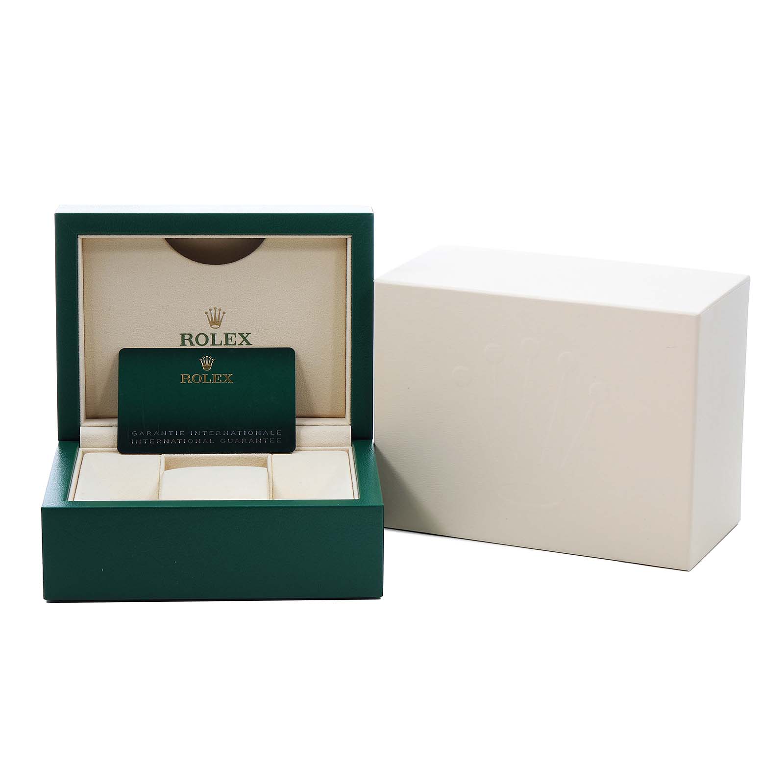 The image shows a Rolex Oyster Perpetual 126000 Men's Stainless Steel Pink Dial watch box with an open lid and a guarantee card inside.