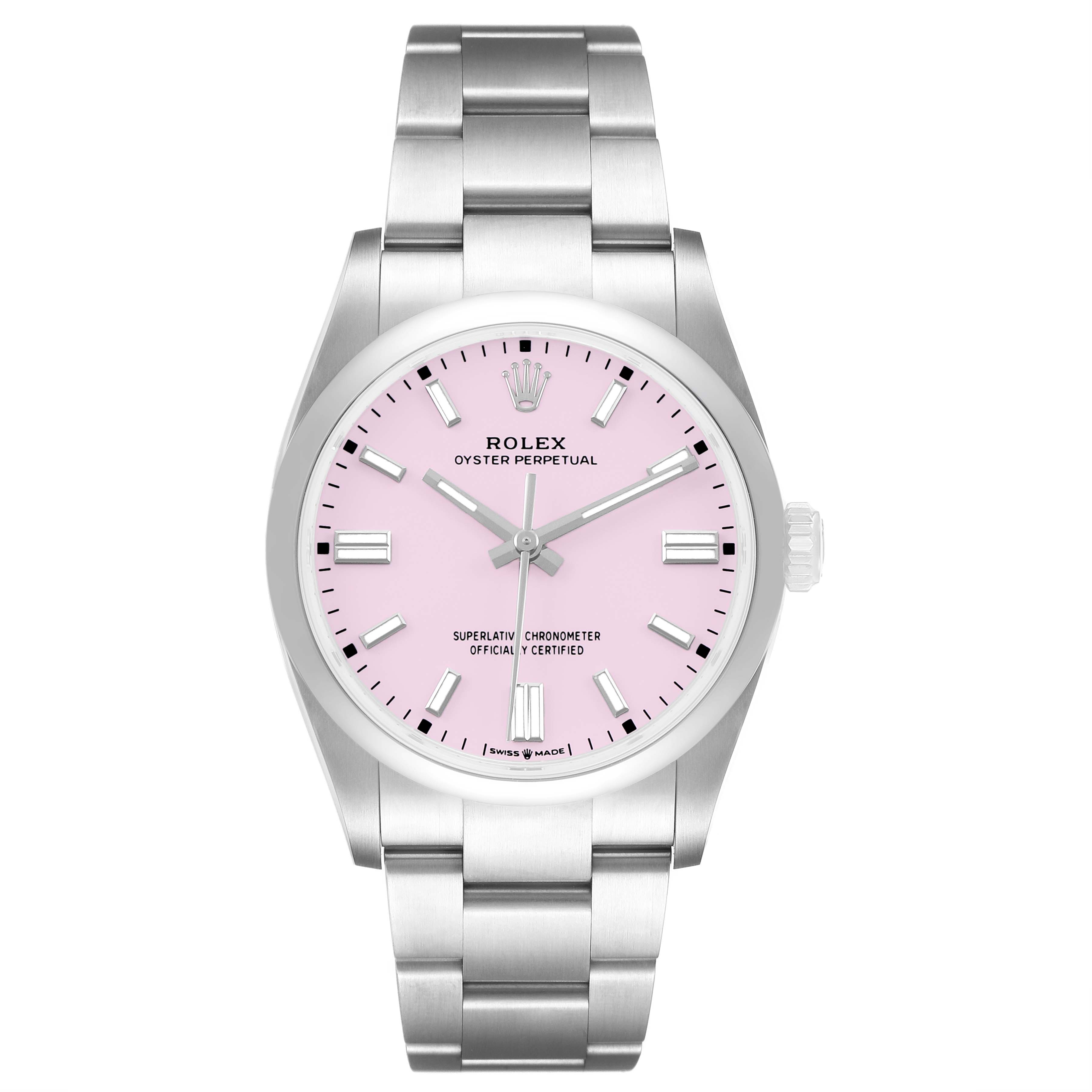 The Rolex Oyster Perpetual 126000 Men's Stainless Steel Pink Dial watch is shown from the front, displaying the dial, bezel, bracelet, and crown.