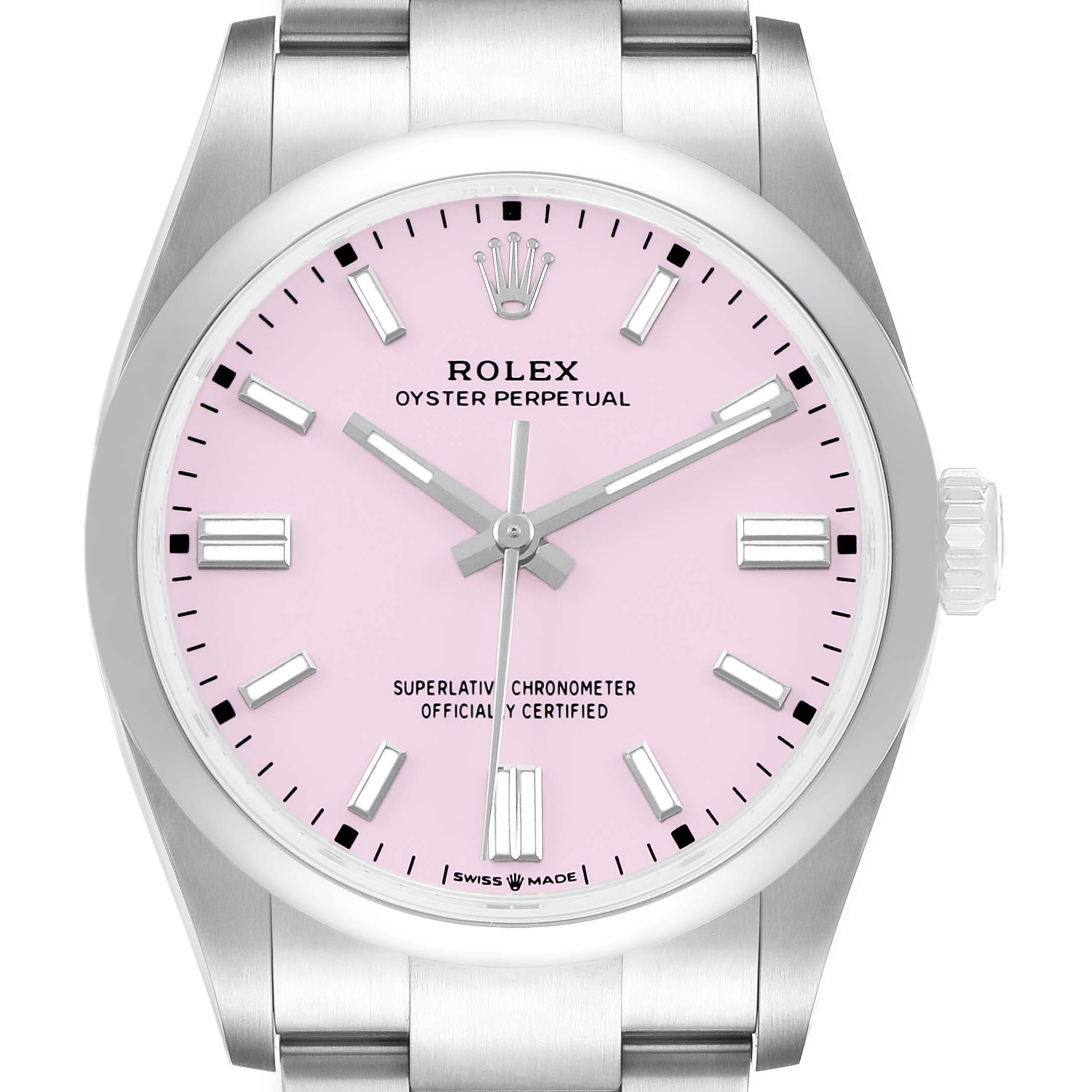 The Rolex Oyster Perpetual 126000 Men's Stainless Steel Pink Dial watch is shown from the front, highlighting its pink dial, hour markers, and stainless steel case and bracelet.