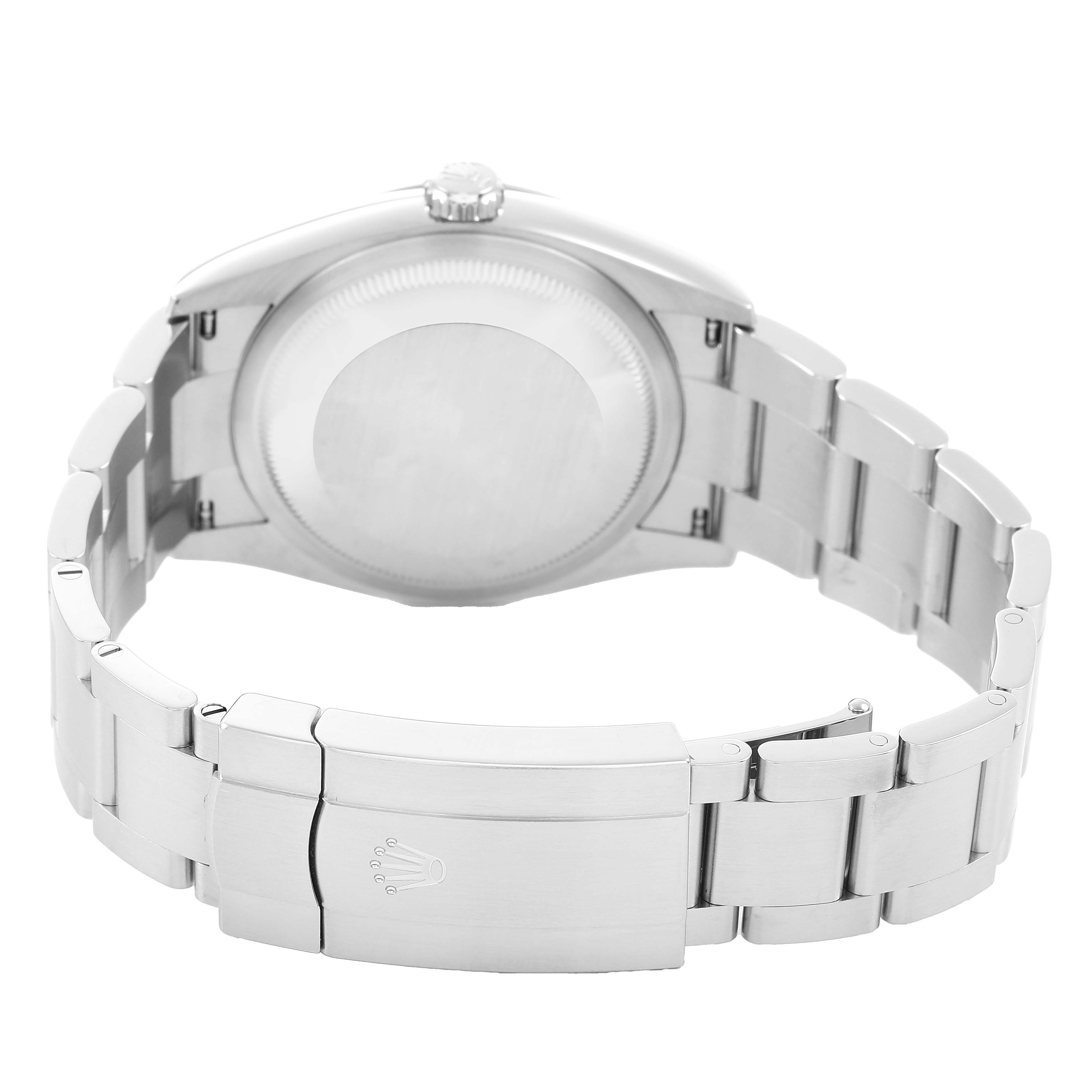 The Rolex Oyster Perpetual 126000 Men's Stainless Steel Pink Dial watch is shown from the rear, highlighting the case back, crown, and bracelet with clasp.