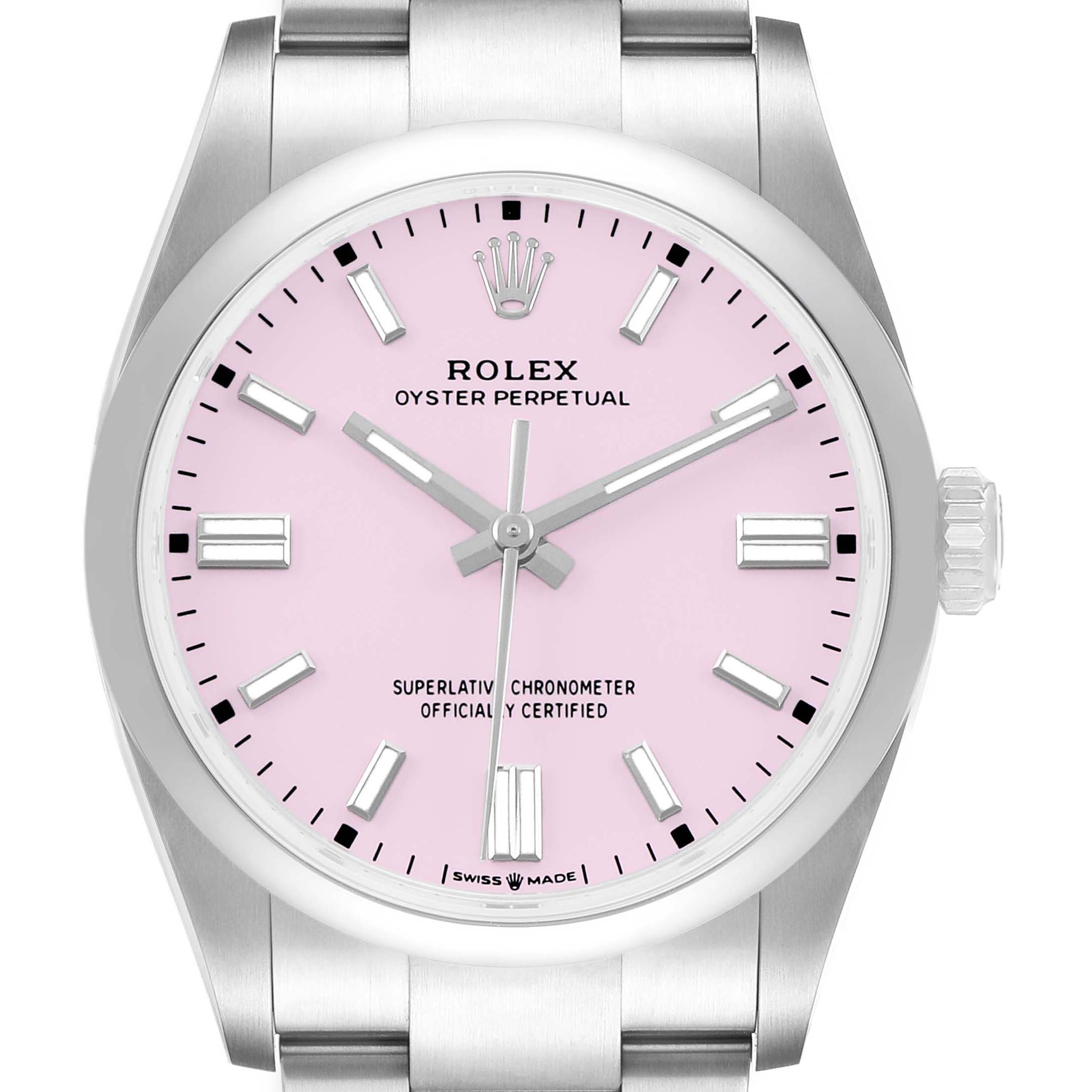 The Rolex Oyster Perpetual 126000 Men's Stainless Steel Pink Dial watch is shown from the front, highlighting its pink dial, hands, markers, and part of the bracelet.