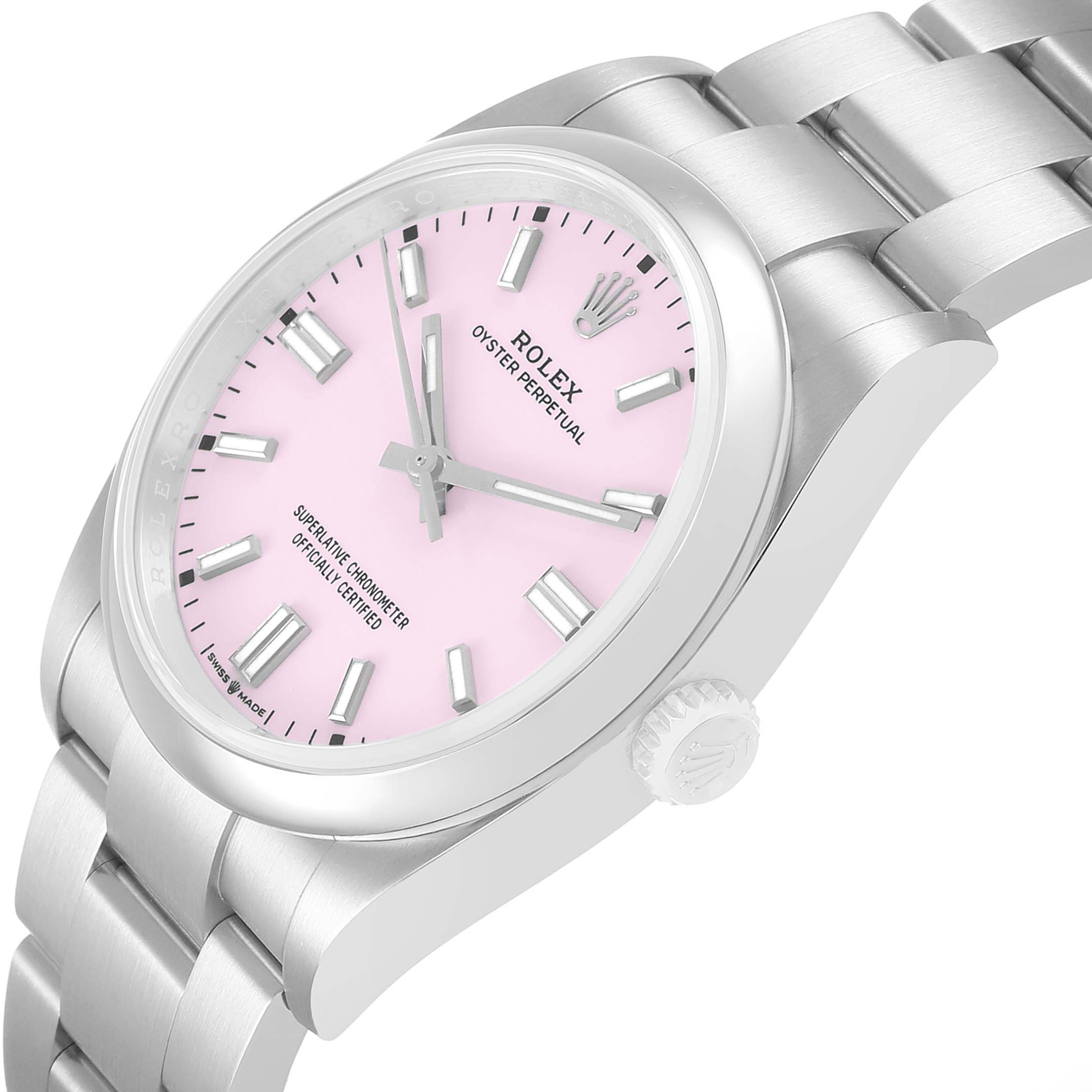 The image shows a Rolex Oyster Perpetual 126000 Men's Stainless Steel Pink Dial watch at an angled side view, highlighting the pink dial, crown, case, and bracelet.