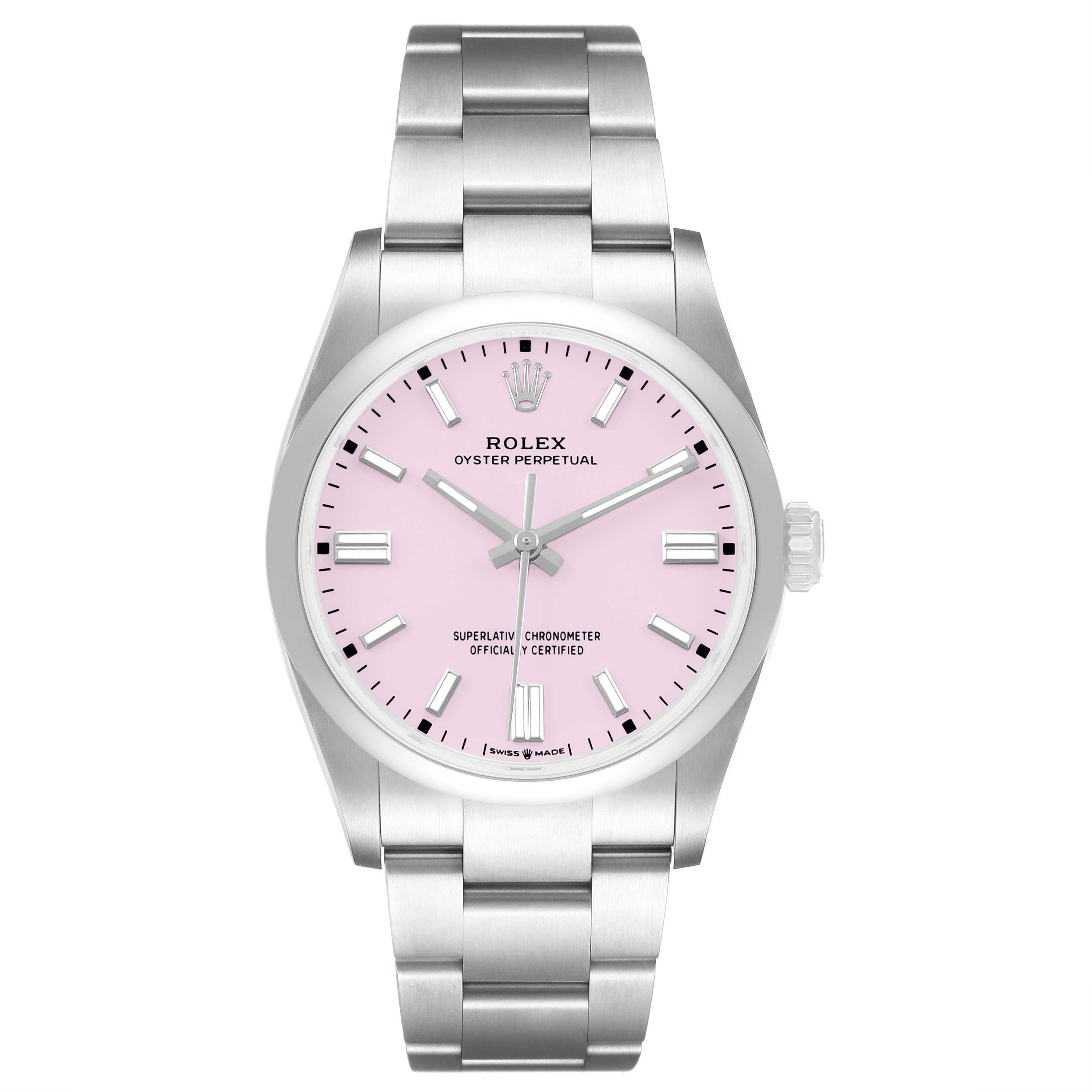 The Rolex Oyster Perpetual 126000 Men's Stainless Steel Pink Dial watch is shown from a front angle, displaying its pink dial and stainless steel bracelet.
