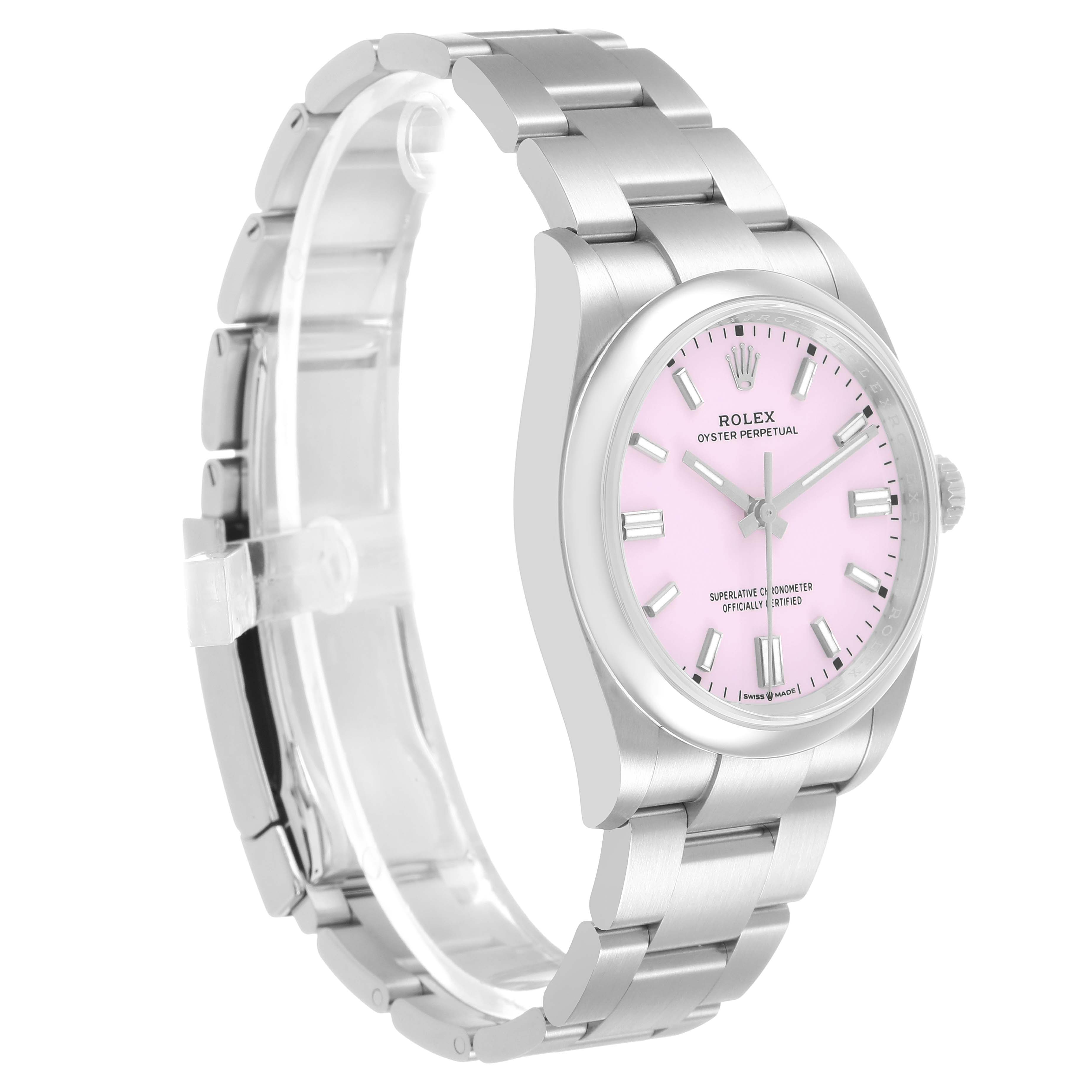 The Rolex Oyster Perpetual 126000 Men's Stainless Steel Pink Dial watch is shown at a three-quarter angle, highlighting the pink dial and stainless steel bracelet.