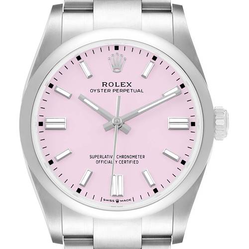 The Rolex Oyster Perpetual 126000 Men's Stainless Steel Pink Dial watch is shown from a front angle, displaying the pink dial, silver hour markers, and baton hands.