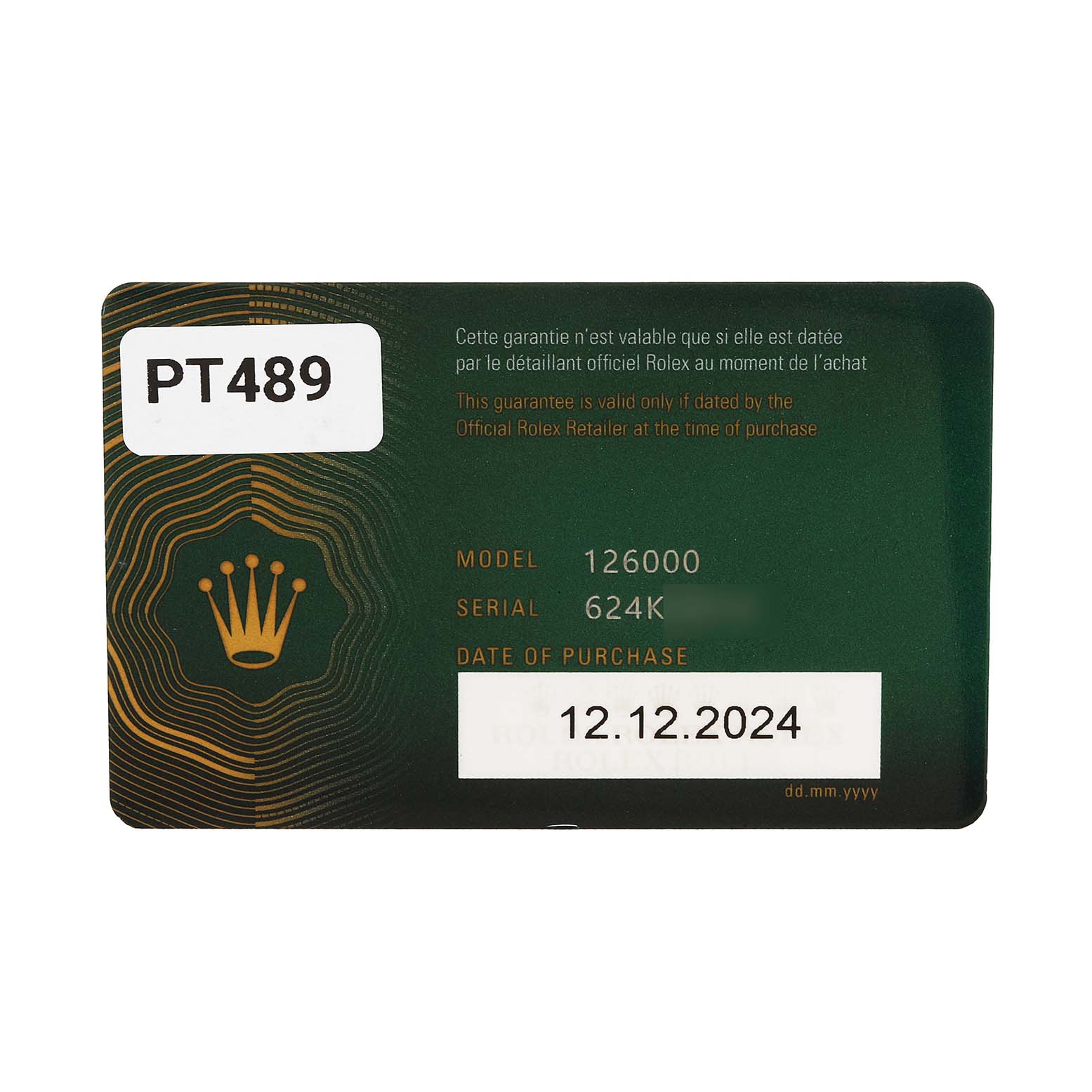 The image shows a warranty card for the Rolex Oyster Perpetual 126000 Men's Stainless Steel Pink Dial, displaying model, serial number, and purchase date.