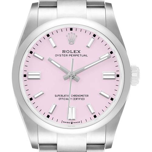 The Rolex Oyster Perpetual 126000 Men's Stainless Steel Pink Dial watch is shown from the front, highlighting its pink dial, hour markers, and crown.
