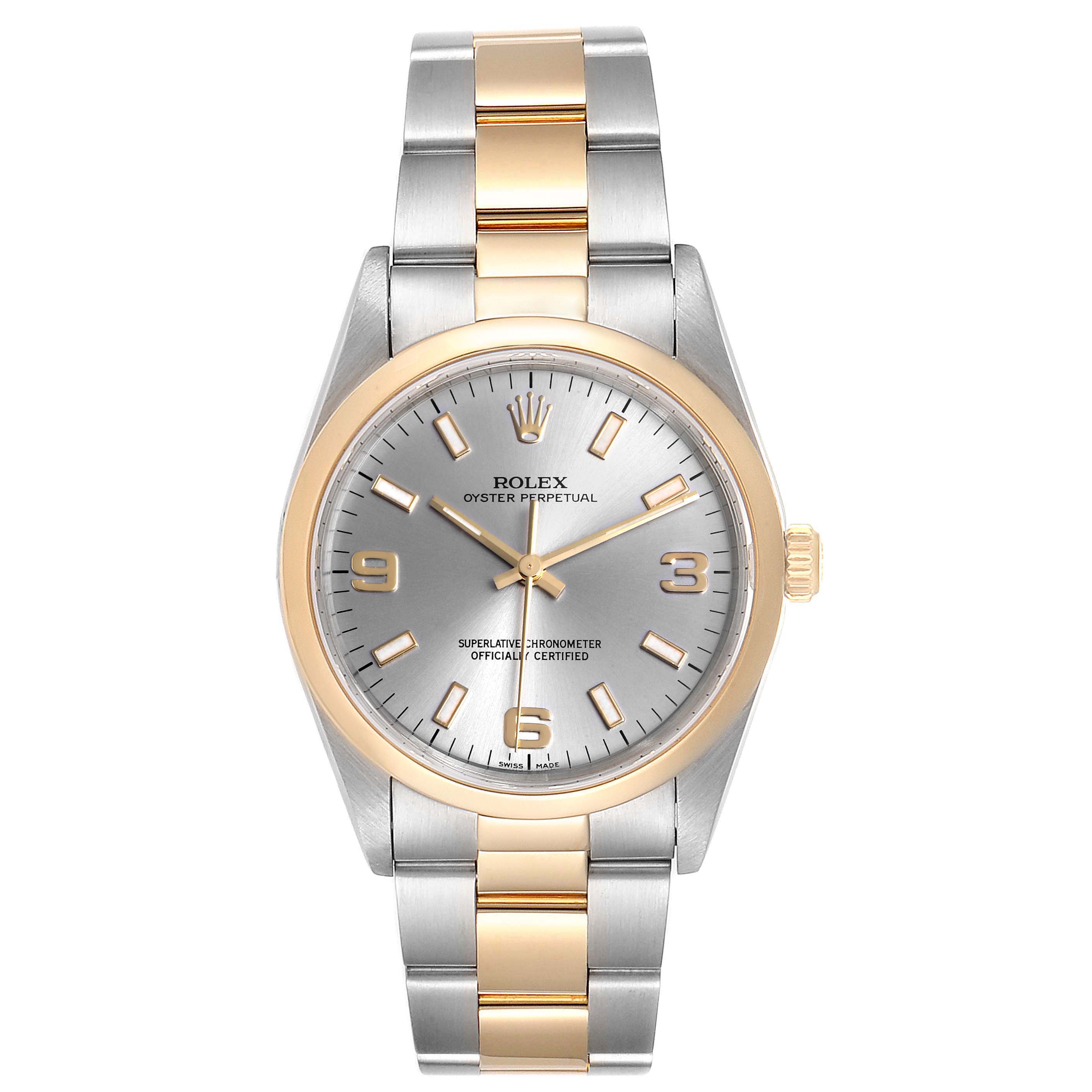 The image shows a front view of a Rolex Oyster Perpetual 14203 Men's Steel and Gold (two tone) Grey Dial 14203 Men's Steel and Gold (two tone) Grey Dial watch with a two-tone band and a silver dial.