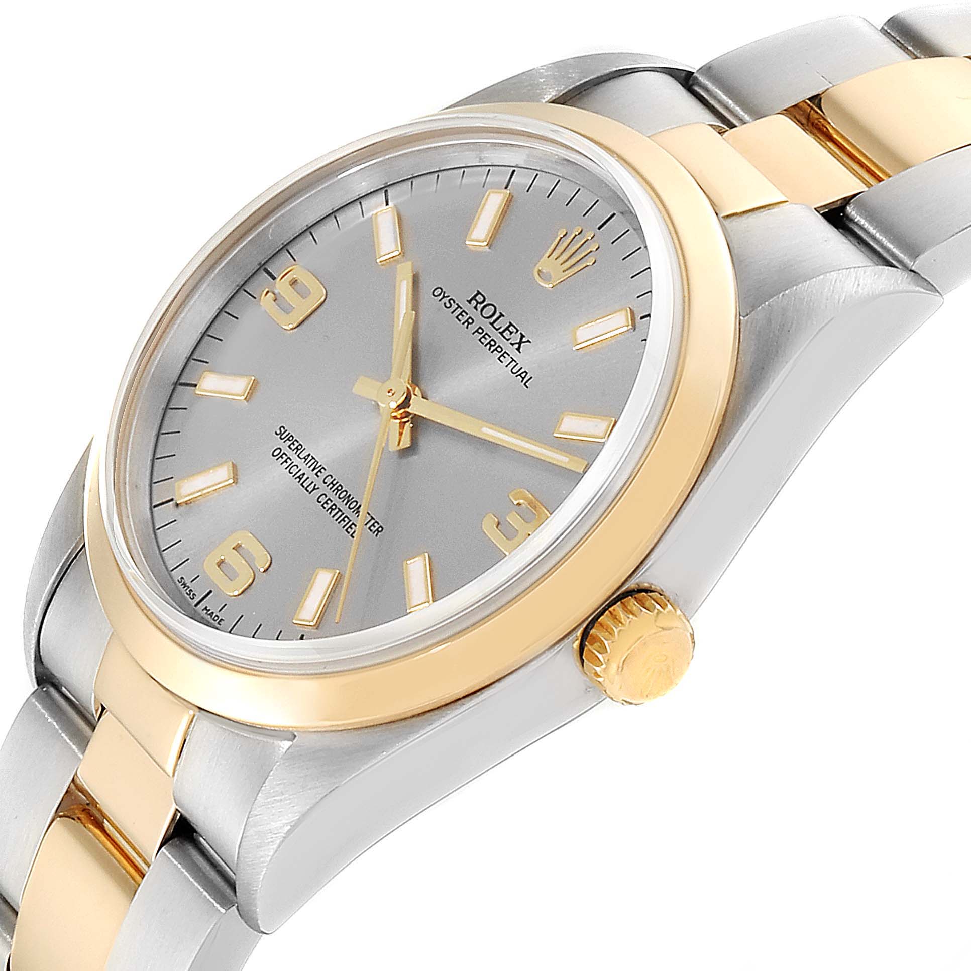 This is a side angle view of a Rolex Oyster Perpetual 14203 Men's Steel and Gold (two tone) Grey Dial 14203 Men's Steel and Gold (two tone) Grey Dial watch, showing its dial, case, crown, and part of the bracelet.