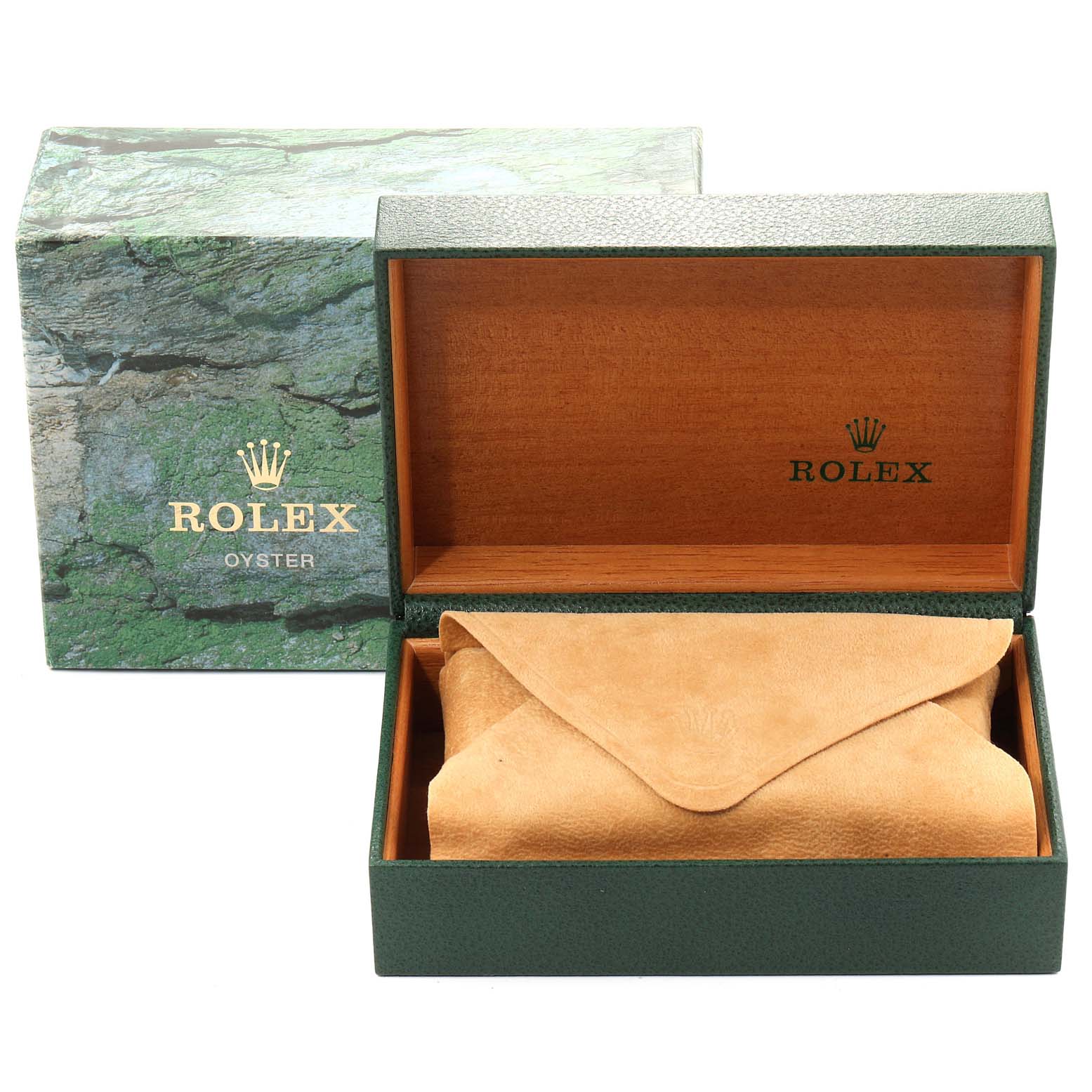This image shows the packaging for a Rolex Oyster Perpetual 14203 Men's Steel and Gold (two tone) Grey Dial 14203 Men's Steel and Gold (two tone) Grey Dial watch, featuring an open green box with a suede pouch inside and a decorative outer box.