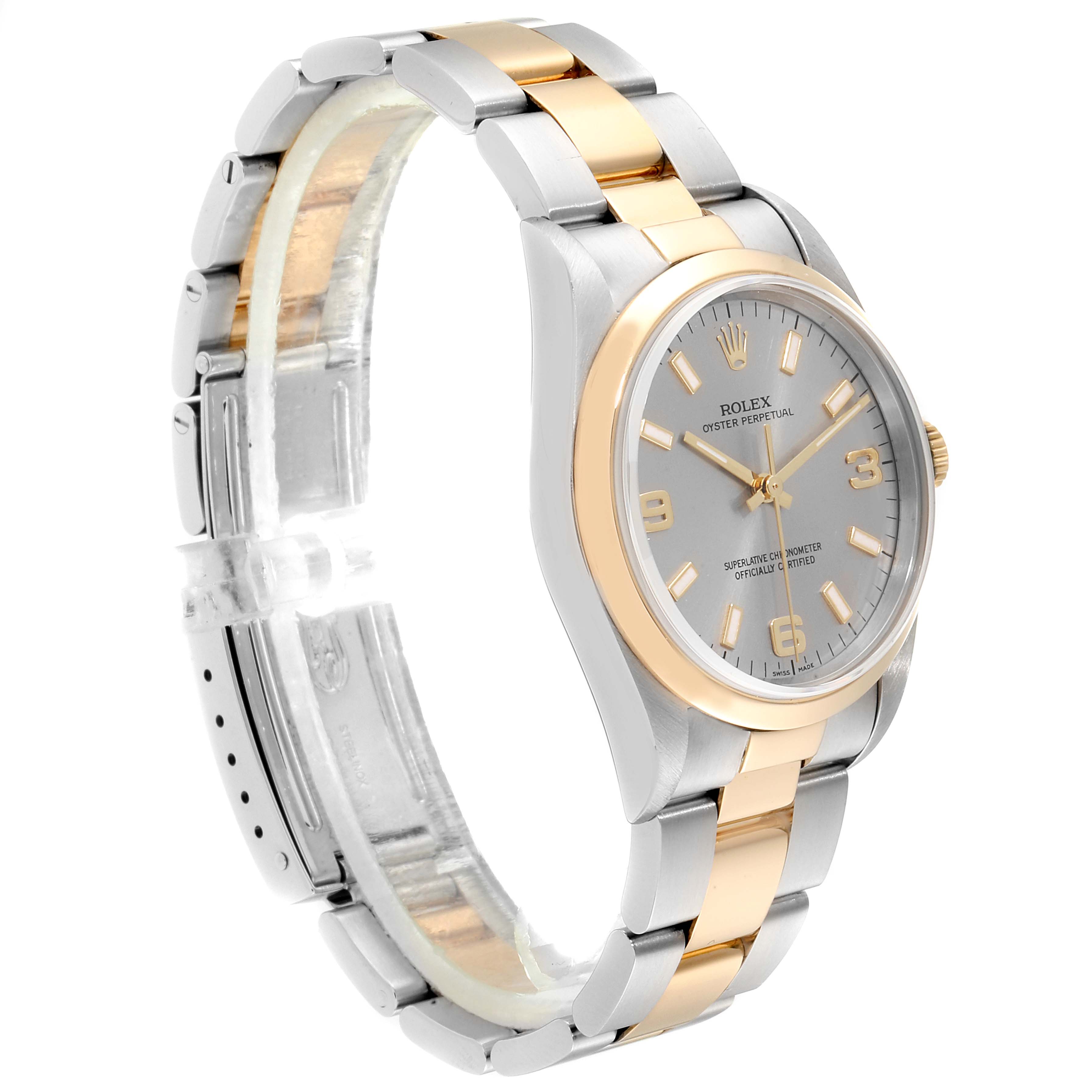 The Rolex Oyster Perpetual 14203 Men's Steel and Gold (two tone) Grey Dial 14203 Men's Steel and Gold (two tone) Grey Dial watch is shown from a front-side angle, highlighting the face, bezel, and bracelet.