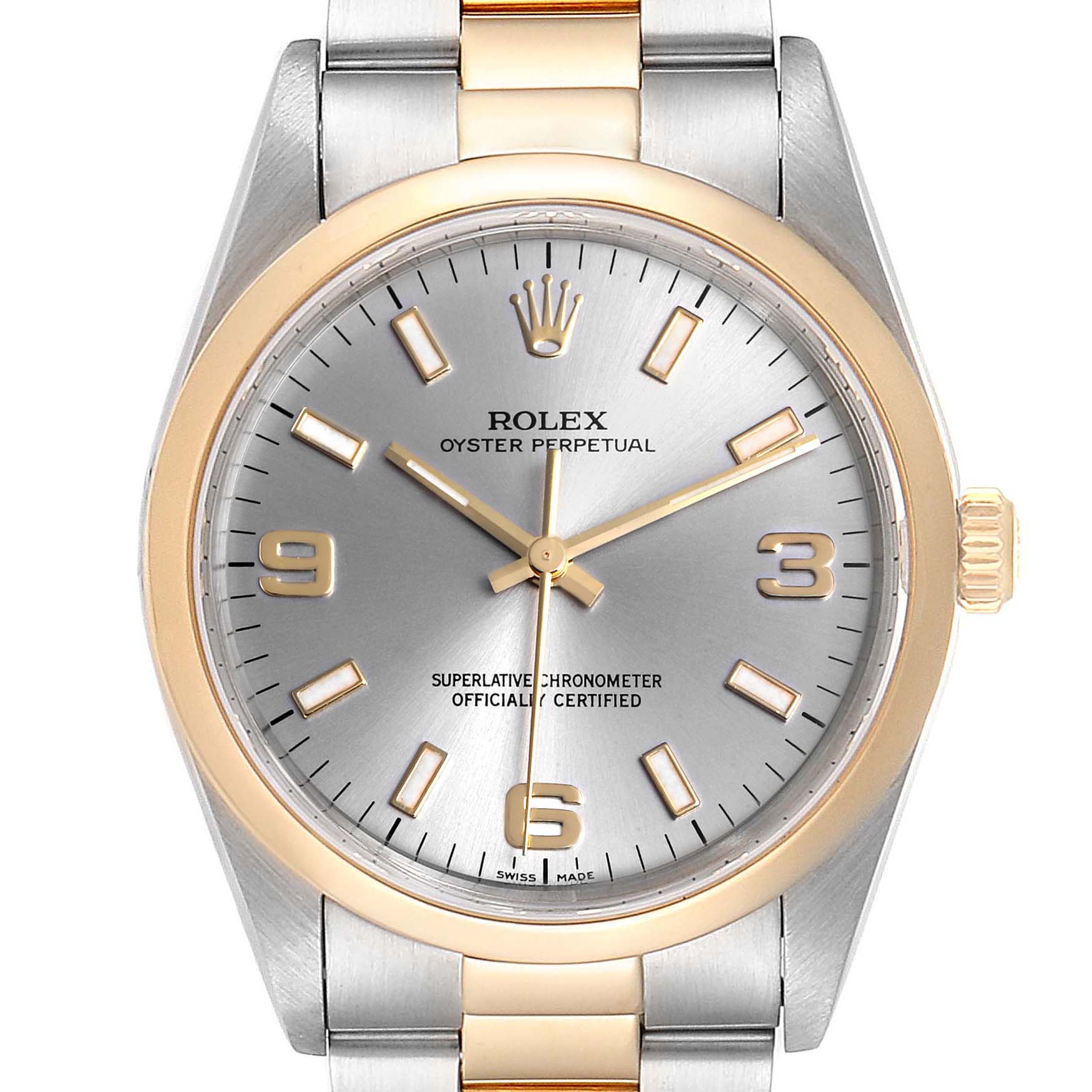 This image shows a front view of the Rolex Oyster Perpetual 14203 Men's Steel and Gold (two tone) Grey Dial 14203 Men's Steel and Gold (two tone) Grey Dial watch, highlighting its silver and gold elements, dial, and bracelet.