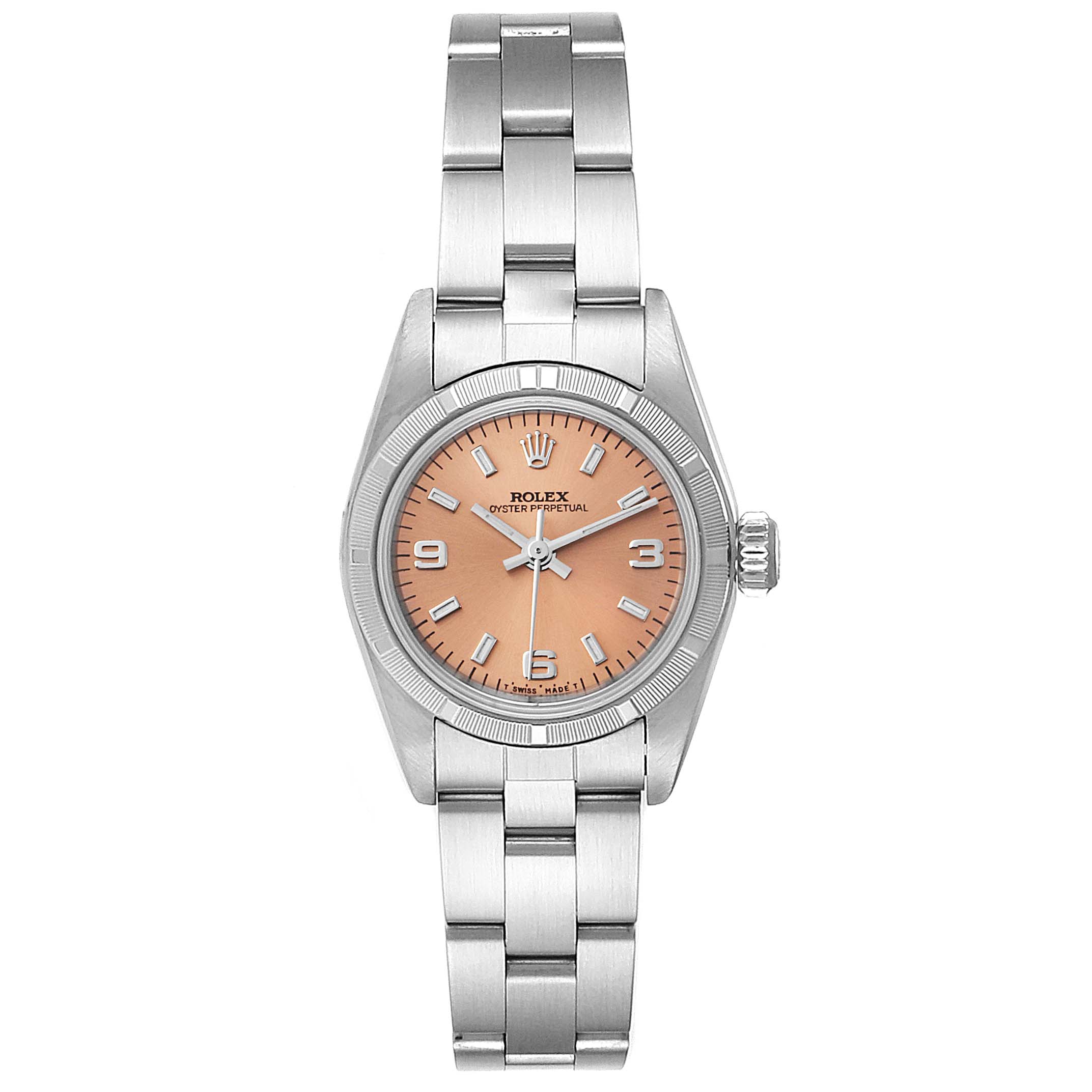 This image shows the front view of a Rolex Oyster Perpetual 67230 Women's Stainless Steel Pink Dial 67230 Women's Stainless Steel Pink Dial watch, highlighting the dial, hands, and stainless steel bracelet.