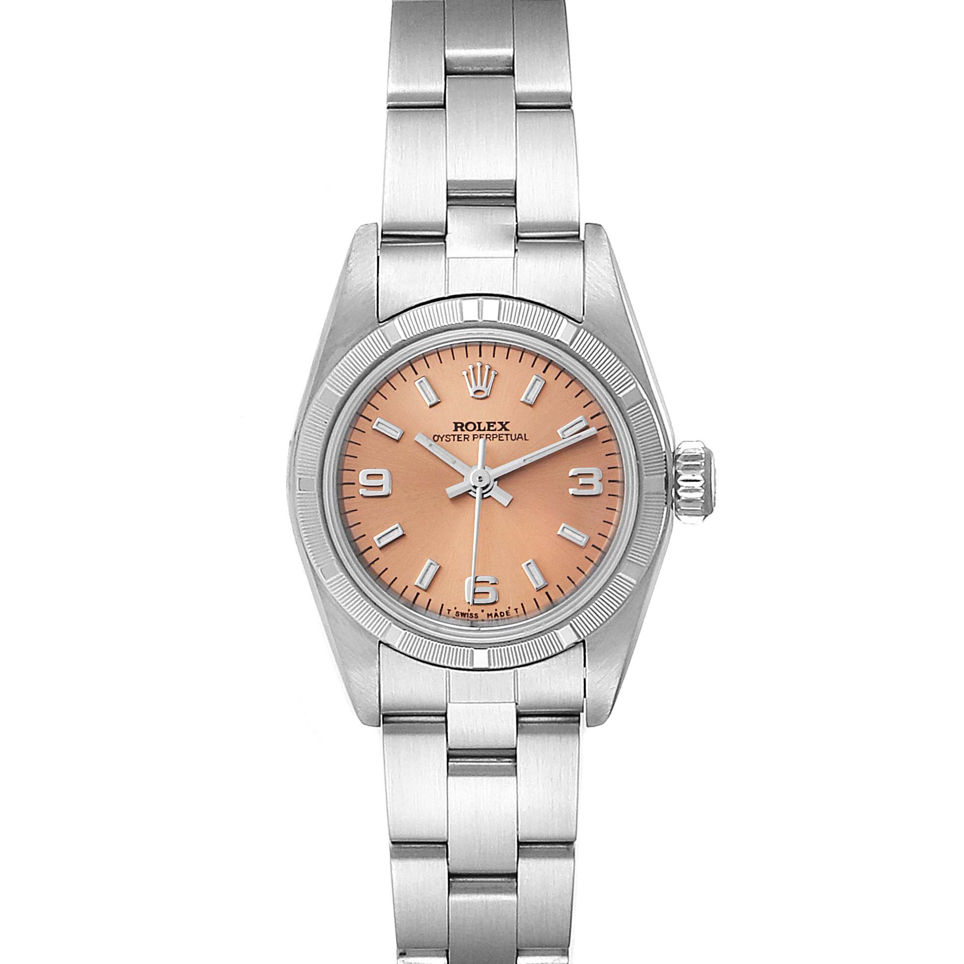 The Rolex Oyster Perpetual 67230 Women's Stainless Steel Pink Dial 67230 Women's Stainless Steel Pink Dial watch is shown from a front angle, displaying the dial, bracelet, and crown.