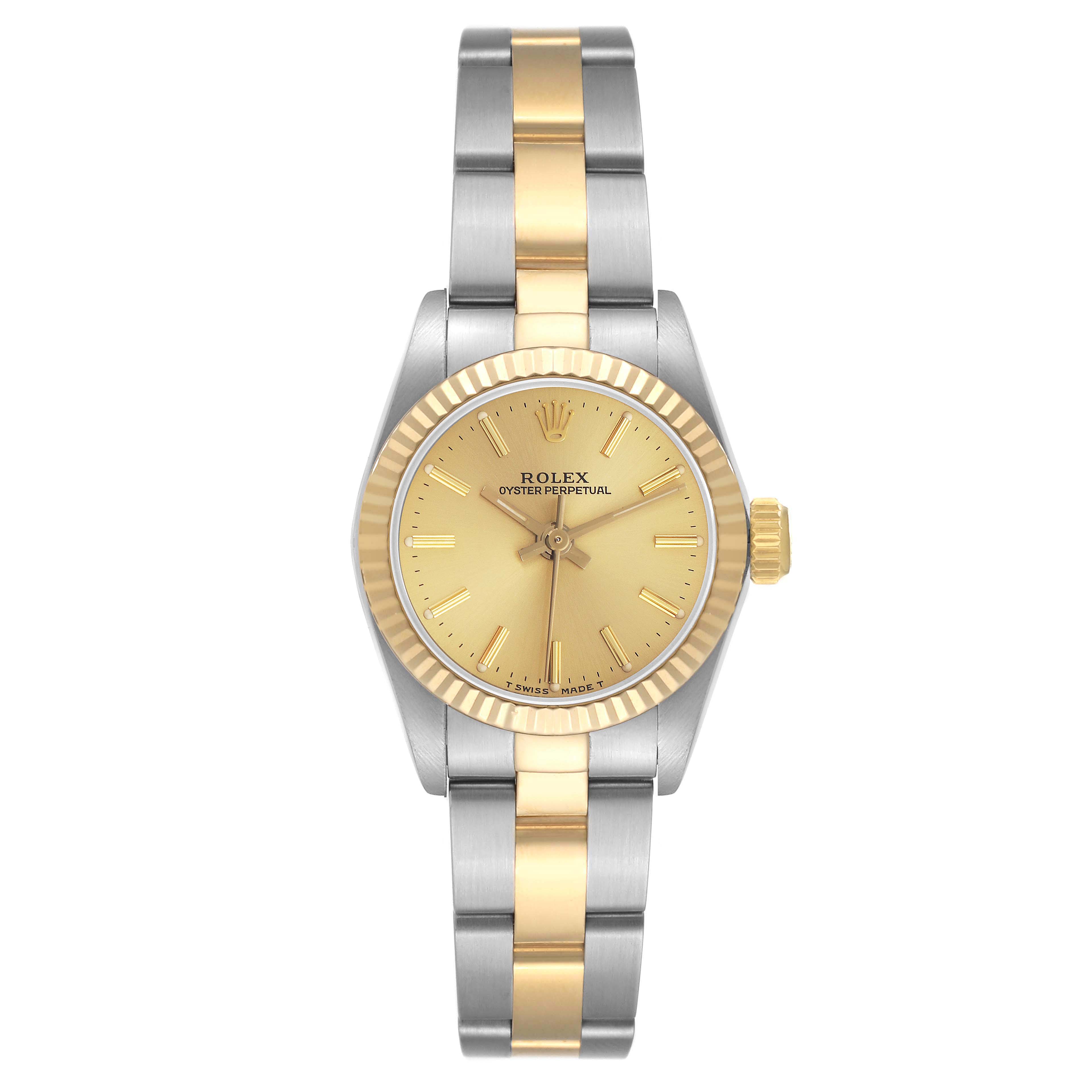 The Rolex Oyster Perpetual 67193 Women
s Steel and Gold (two tone) Champagne Dial 67193 Women
s Steel and Gold (two tone) Champagne Dial watch is shown from the front, displaying the face, bezel, bracelet, and crown.