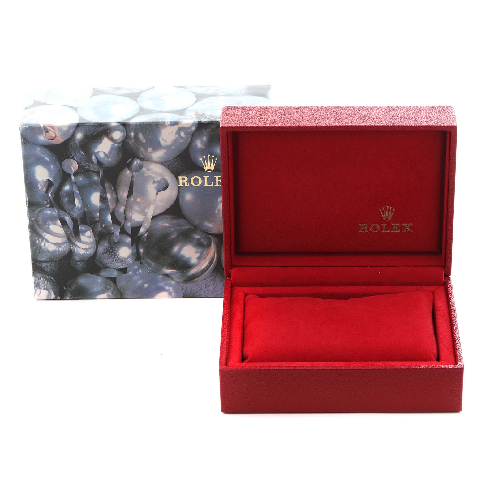 The image shows a Rolex Oyster Perpetual 67193 Women
s Steel and Gold (two tone) Champagne Dial 67193 Women
s Steel and Gold (two tone) Champagne Dial watch box and cushion, with an outer decorative box featuring the Rolex logo.