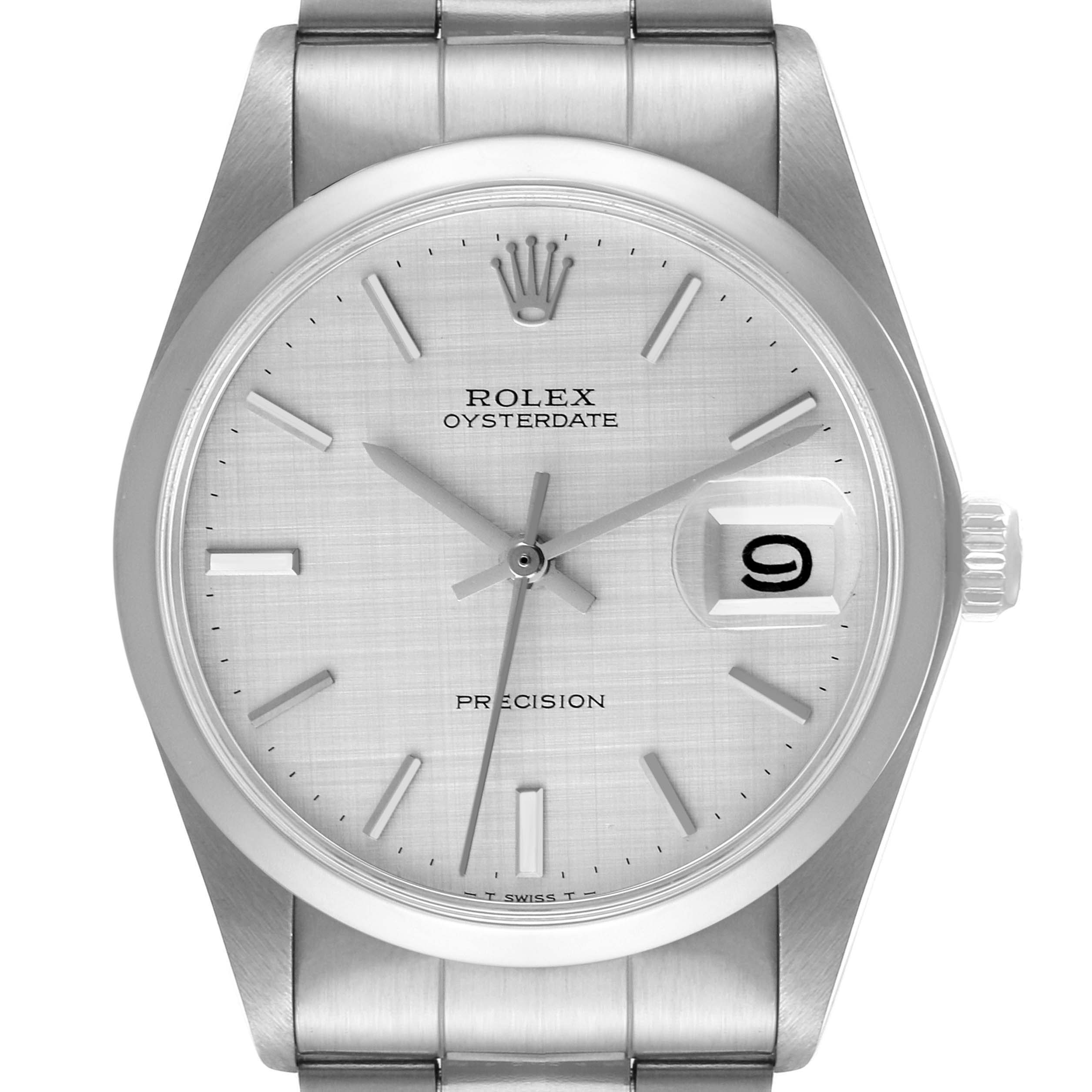 This image shows a front view of a Rolex Oysterdate Precision watch, highlighting the dial, hands, date window, and bracelet.
