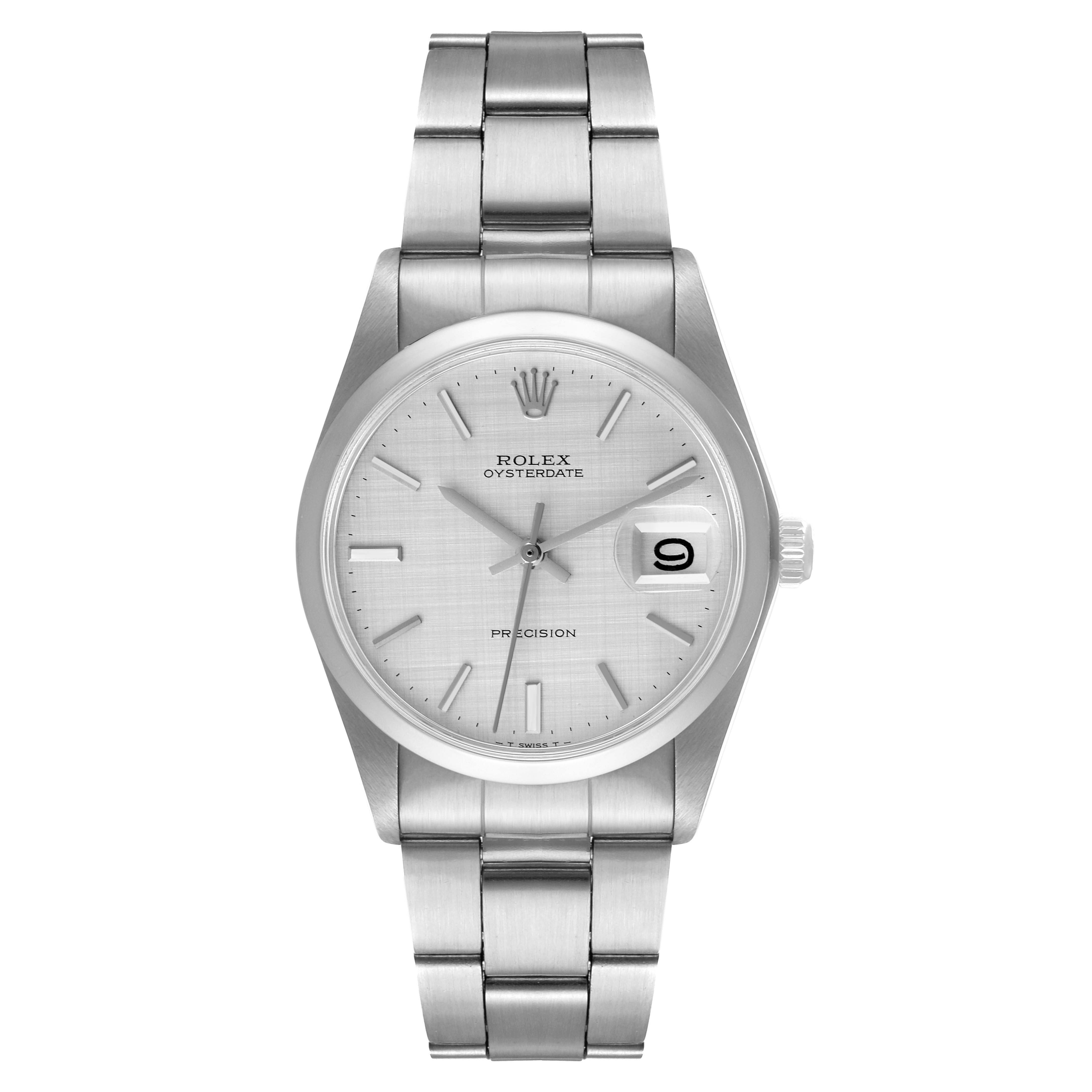 The image shows a front angle of a Rolex Date 6694 Men's Stainless Steel Silver Dial 6694 Men's Stainless Steel Silver Dial model watch's face and bracelet.