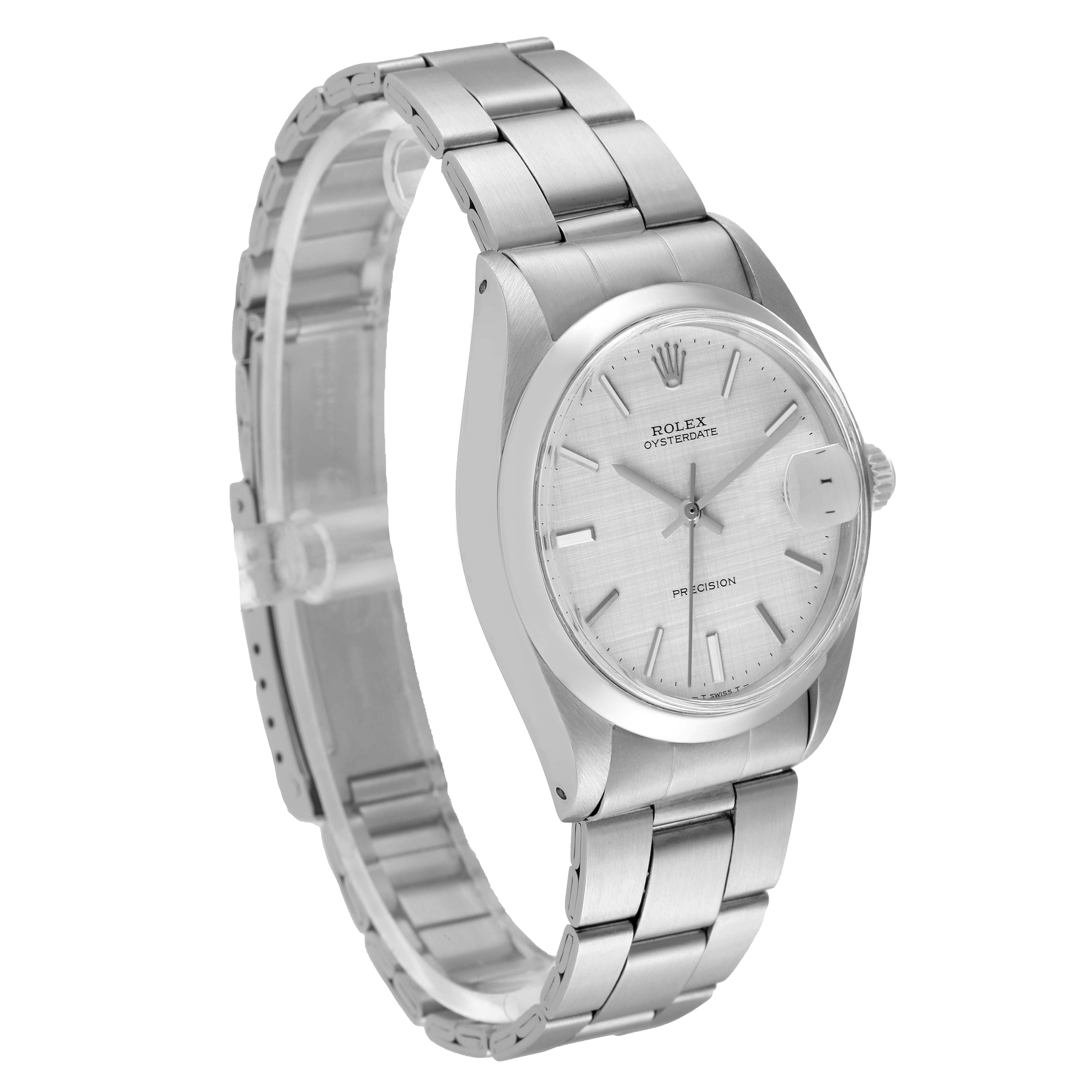 This image shows a side-angle view of the Rolex Date 6694 Men's Stainless Steel Silver Dial 6694 Men's Stainless Steel Silver Dial model watch, highlighting the bracelet, clasp, crown, and dial.