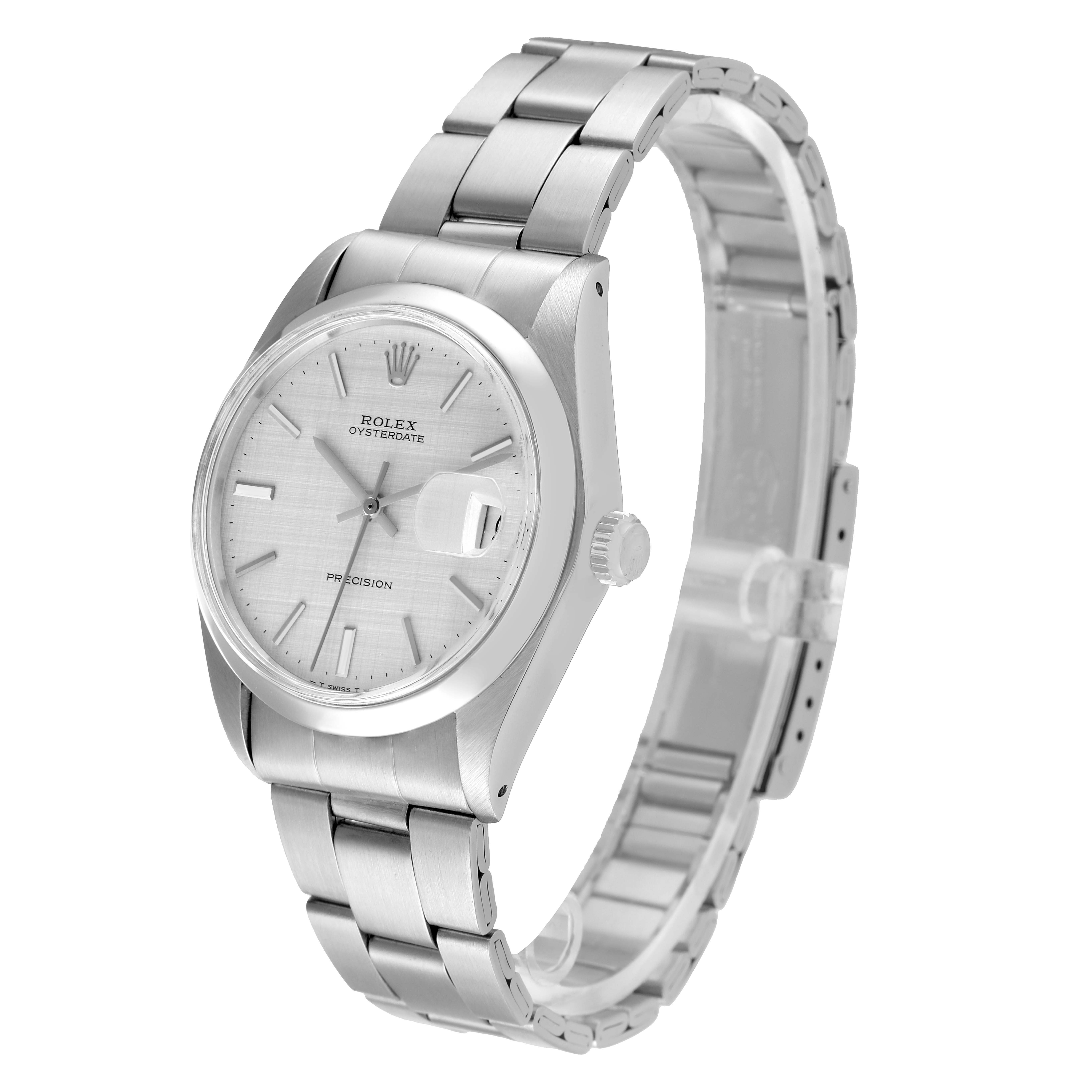 This image shows a side angle of a Rolex Date 6694 Men's Stainless Steel Silver Dial 6694 Men's Stainless Steel Silver Dial model watch, highlighting its face, bezel, crown, and bracelet.