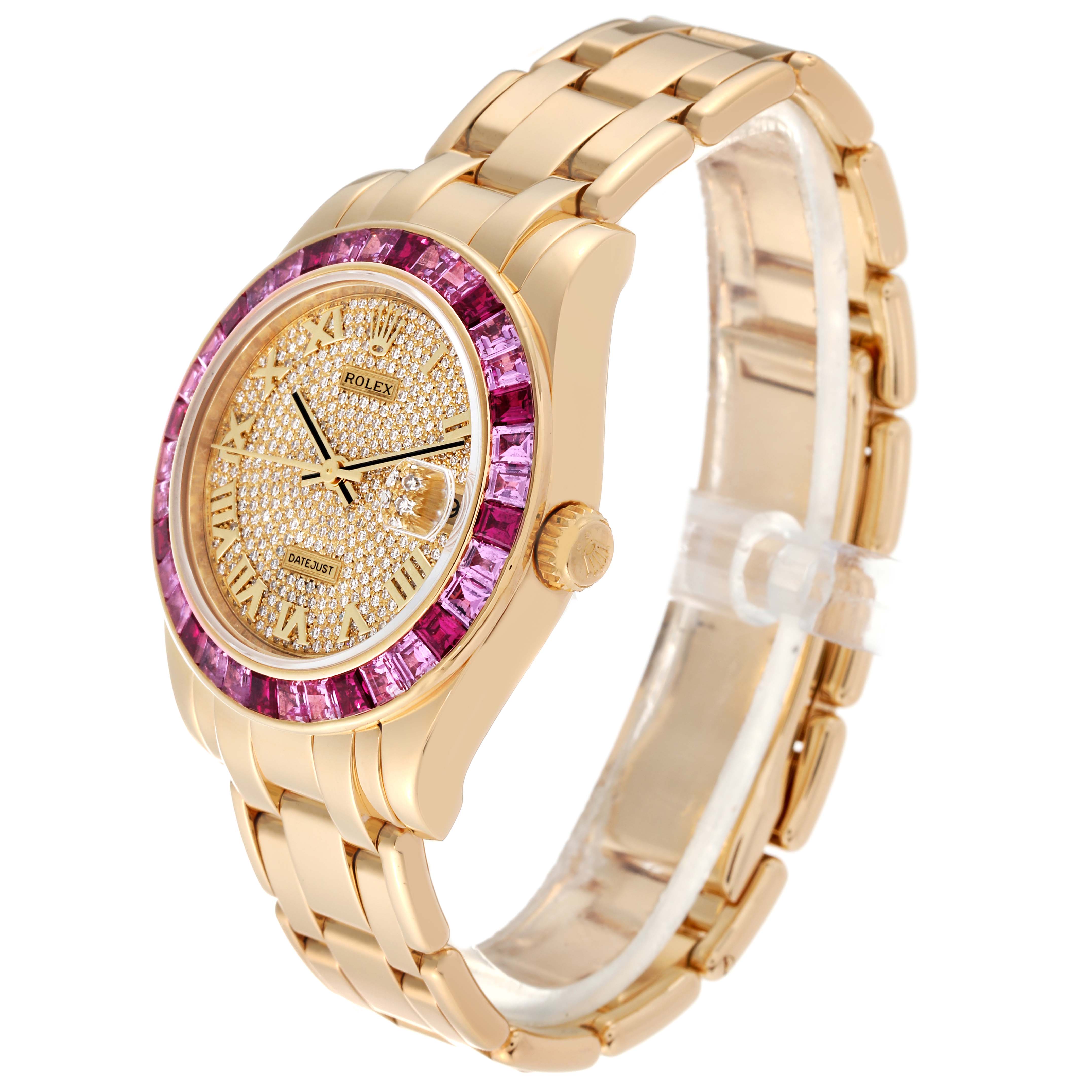 This image shows a Rolex Pearlmaster 81348SARO Women's Yellow Gold Champagne Dial 81348SARO Women's Yellow Gold Champagne Dial watch from an angled side view, highlighting the gold bracelet, dial, and gemstone-encrusted bezel.